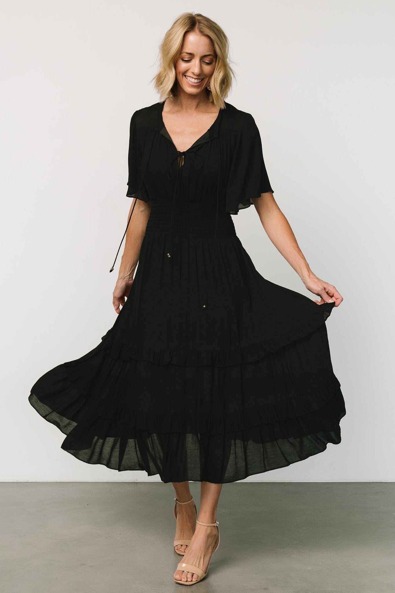 Boho Midi Dress with V-Neck & Smocked Waist | Baltic Born