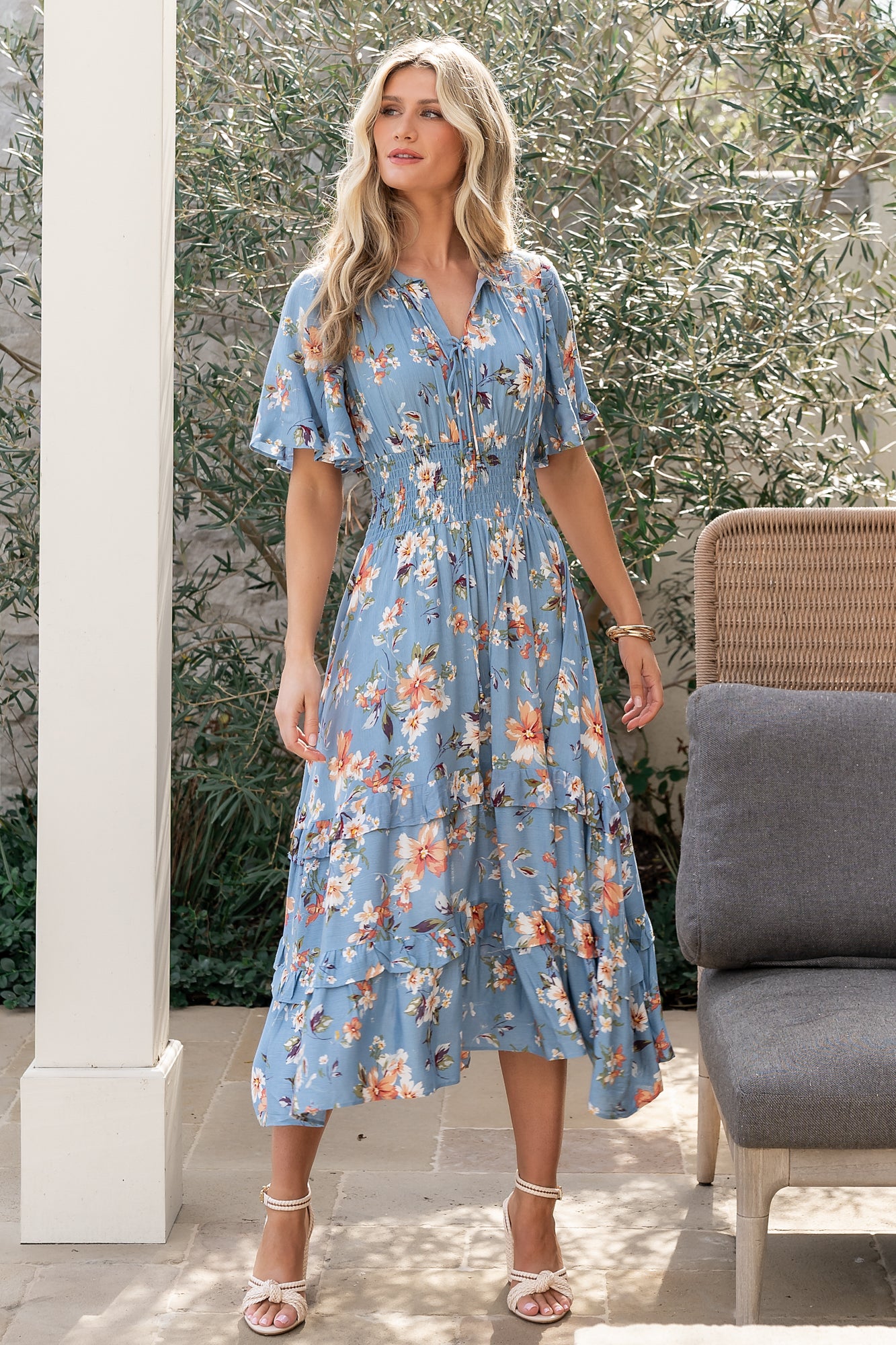 Boho Midi Dress with V-Neck & Smocked Waist | Baltic Born