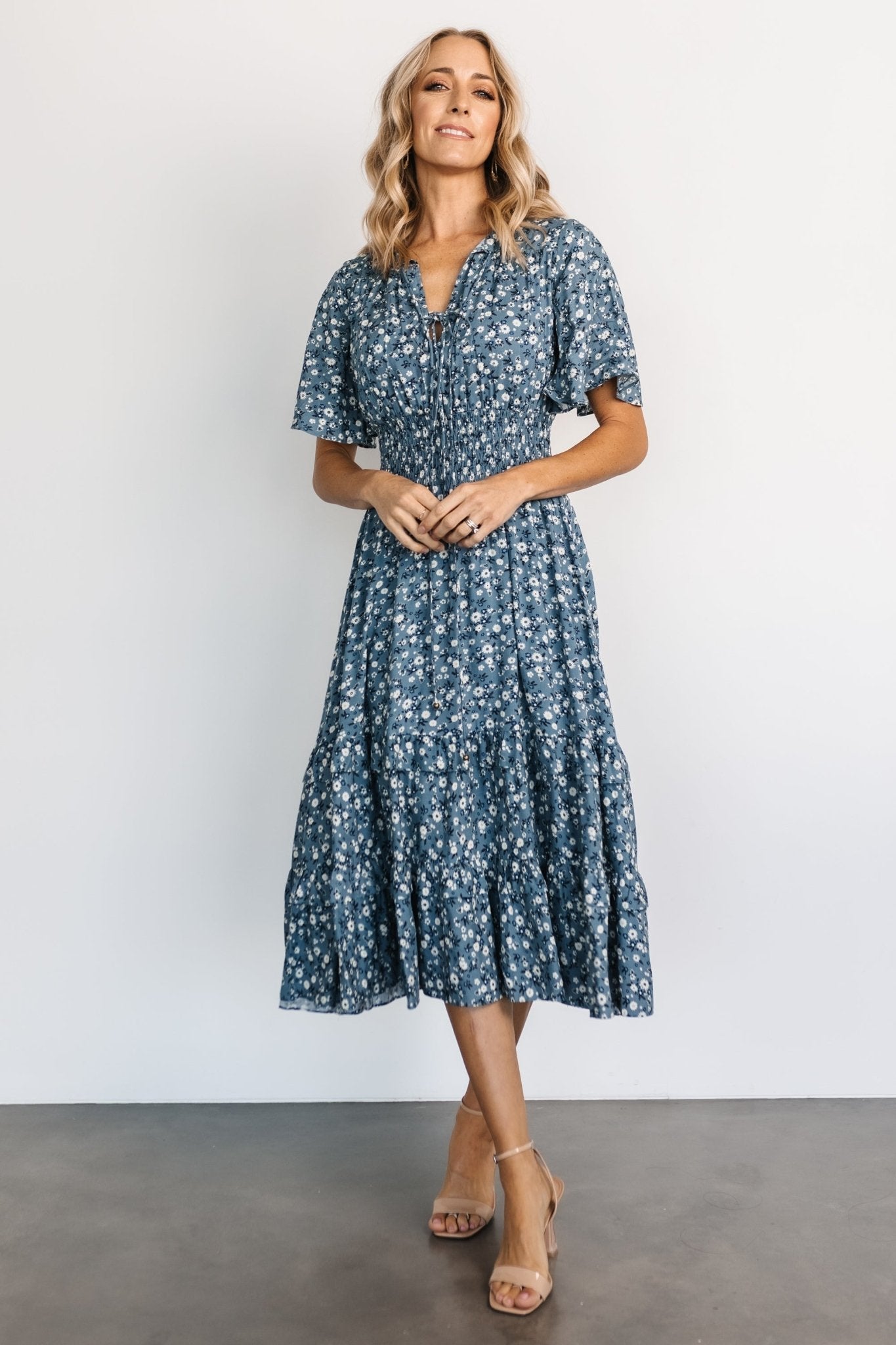 Boho Midi Dress with V-Neck & Smocked Waist | Blue Floral