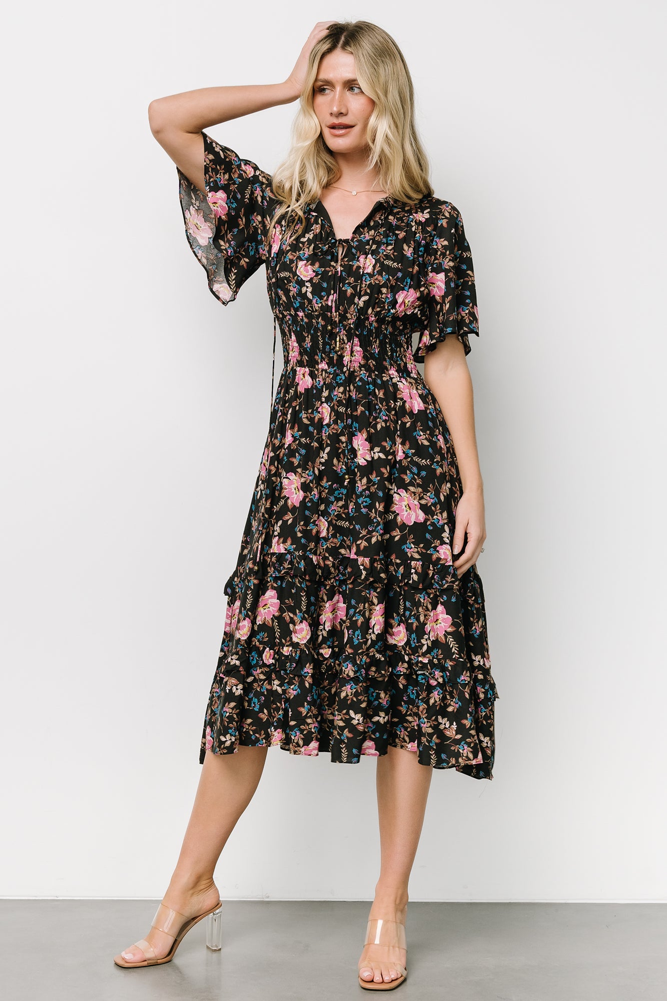 Boho Midi Dress with V-Neck & Smocked Waist | Baltic Born