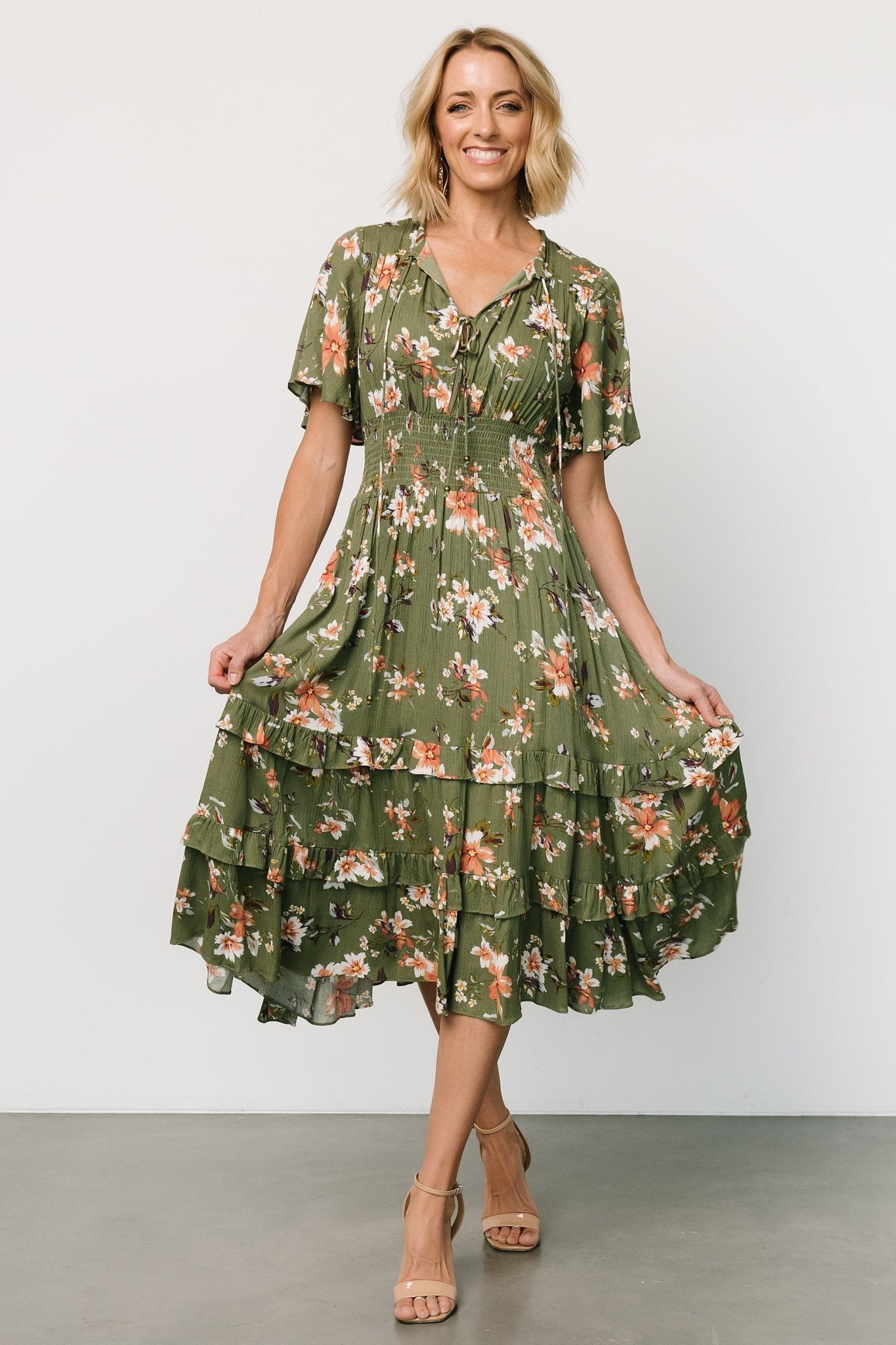 Boho Floral Midi Dress with V-Neck & Smocked Waist | Baltic Born