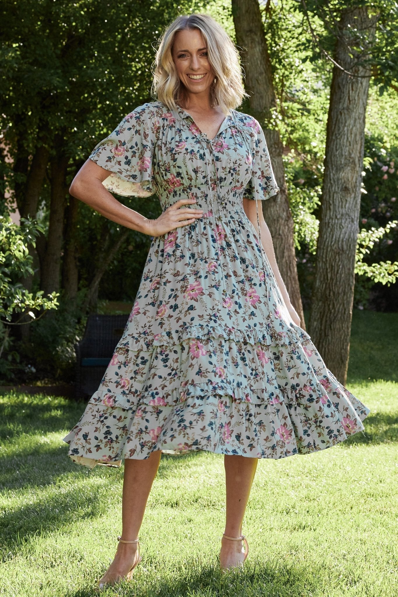 Boho Midi Dress with V-Neck & Smocked Waist | Baltic Born