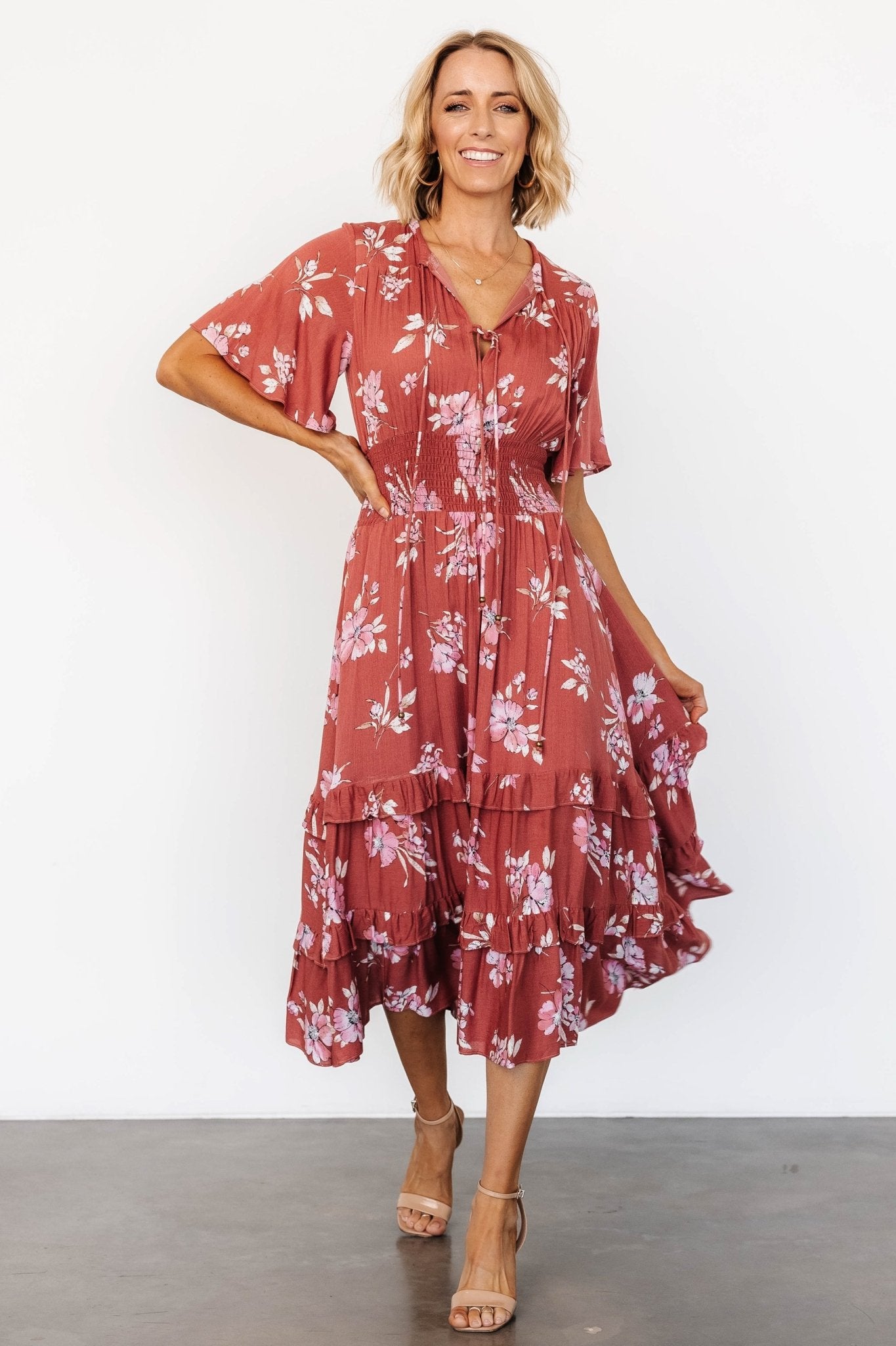 Boho Midi Dress with V-Neck & Smocked Waist | Terracotta Floral