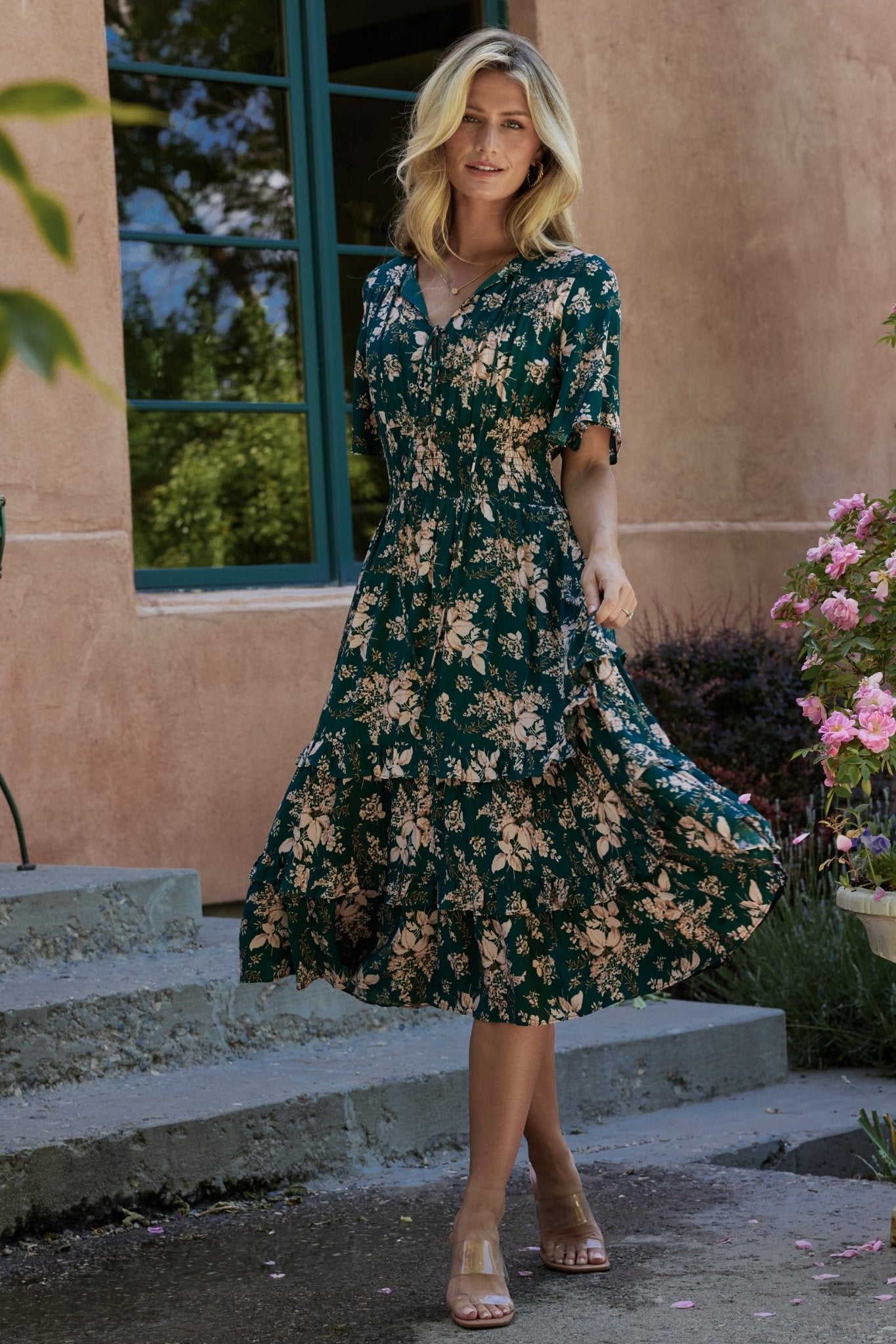 Boho Midi Dress with V-Neck & Smocked Waist | Baltic Born