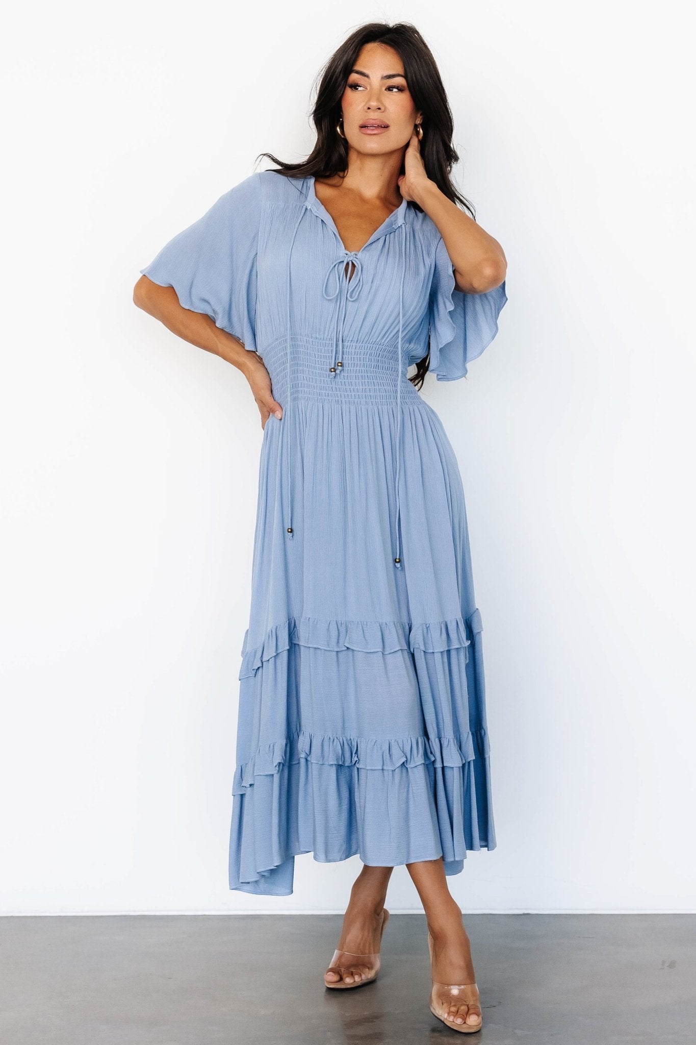 Boho Midi Dress with V-Neck & Smocked Waist | Whisper Blue