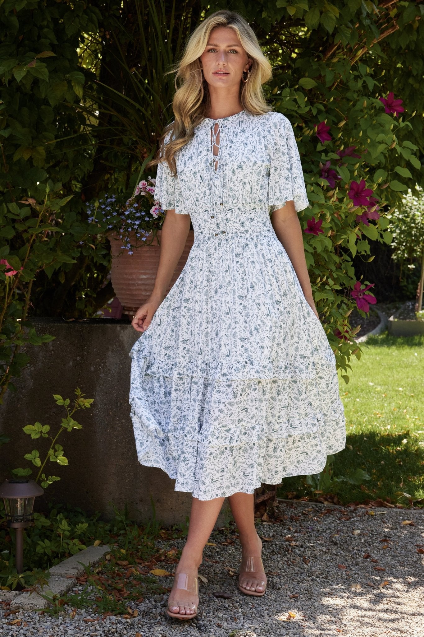 Boho Midi Dress with V-Neck & Smocked Waist | Baltic Born