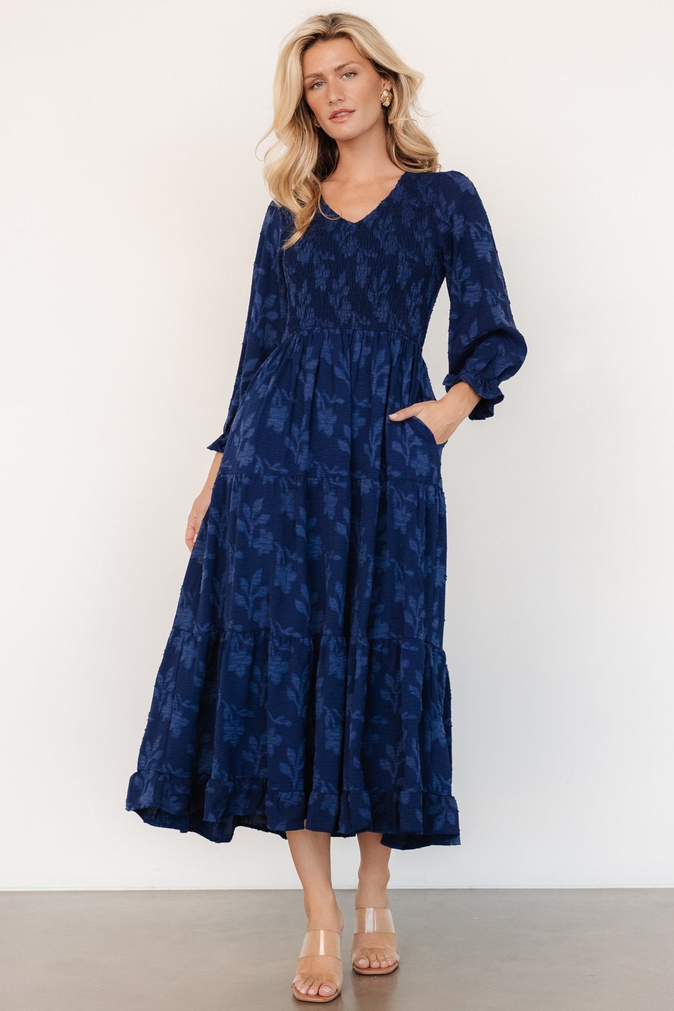 Navy Floral Smocked Midi Dress with Pockets | Aubrey