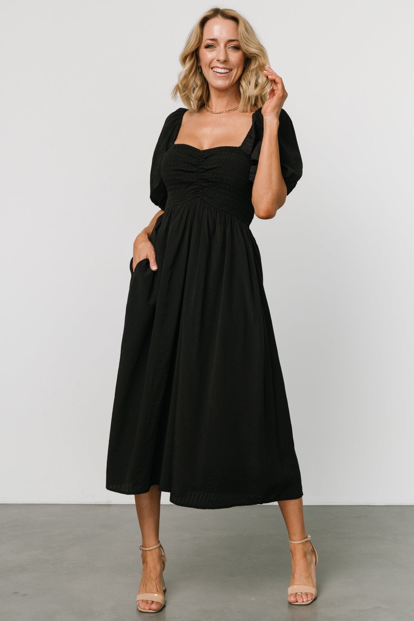 Black Midi Dress with Sweetheart Neckline & Hidden Pockets | Stefania