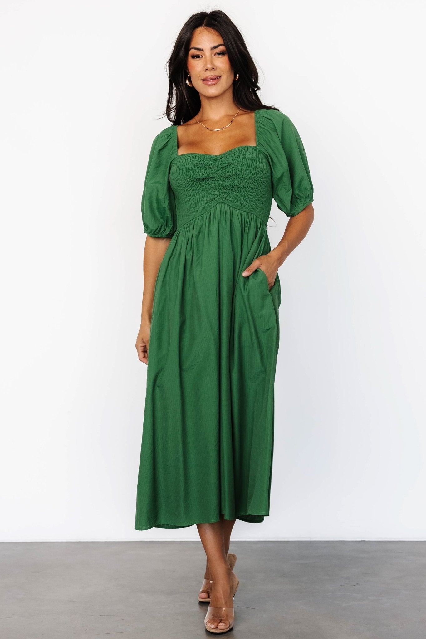 Green Chiffon Midi Dress with Pockets & Smocked Bodice | Stefania