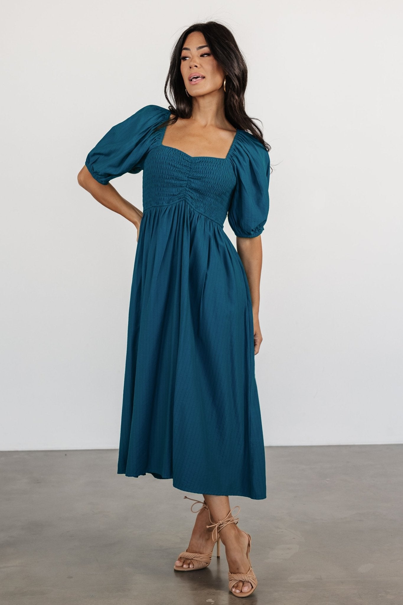 Blue Chiffon Midi Dress with Pockets & Sweetheart Neckline | Stefania