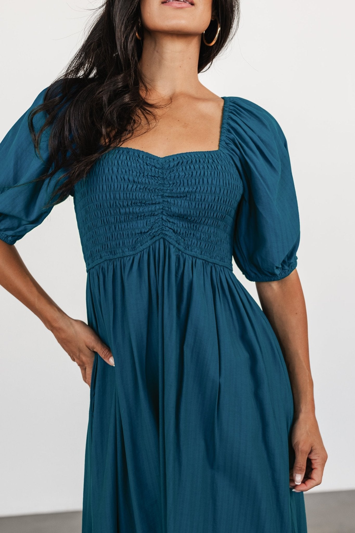 Blue Chiffon Midi Dress with Pockets & Sweetheart Neckline | Stefania