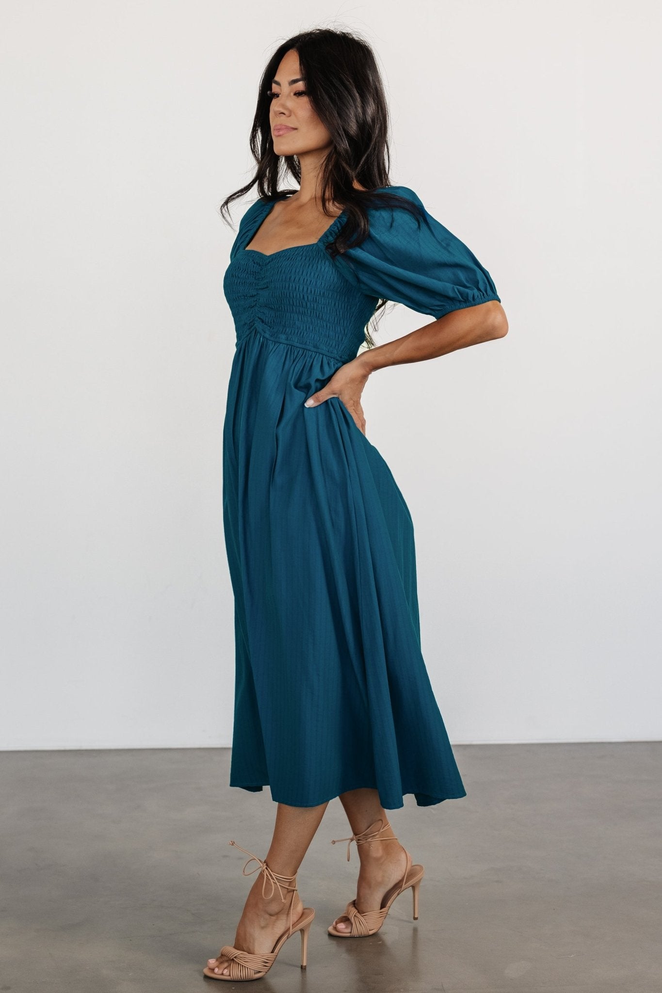 Blue Chiffon Midi Dress with Pockets & Sweetheart Neckline | Stefania