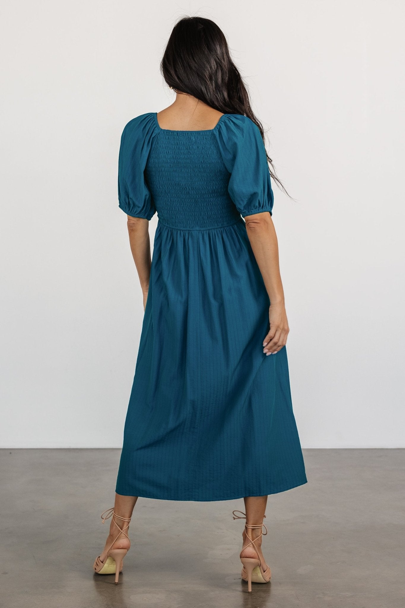 Blue Chiffon Midi Dress with Pockets & Sweetheart Neckline | Stefania