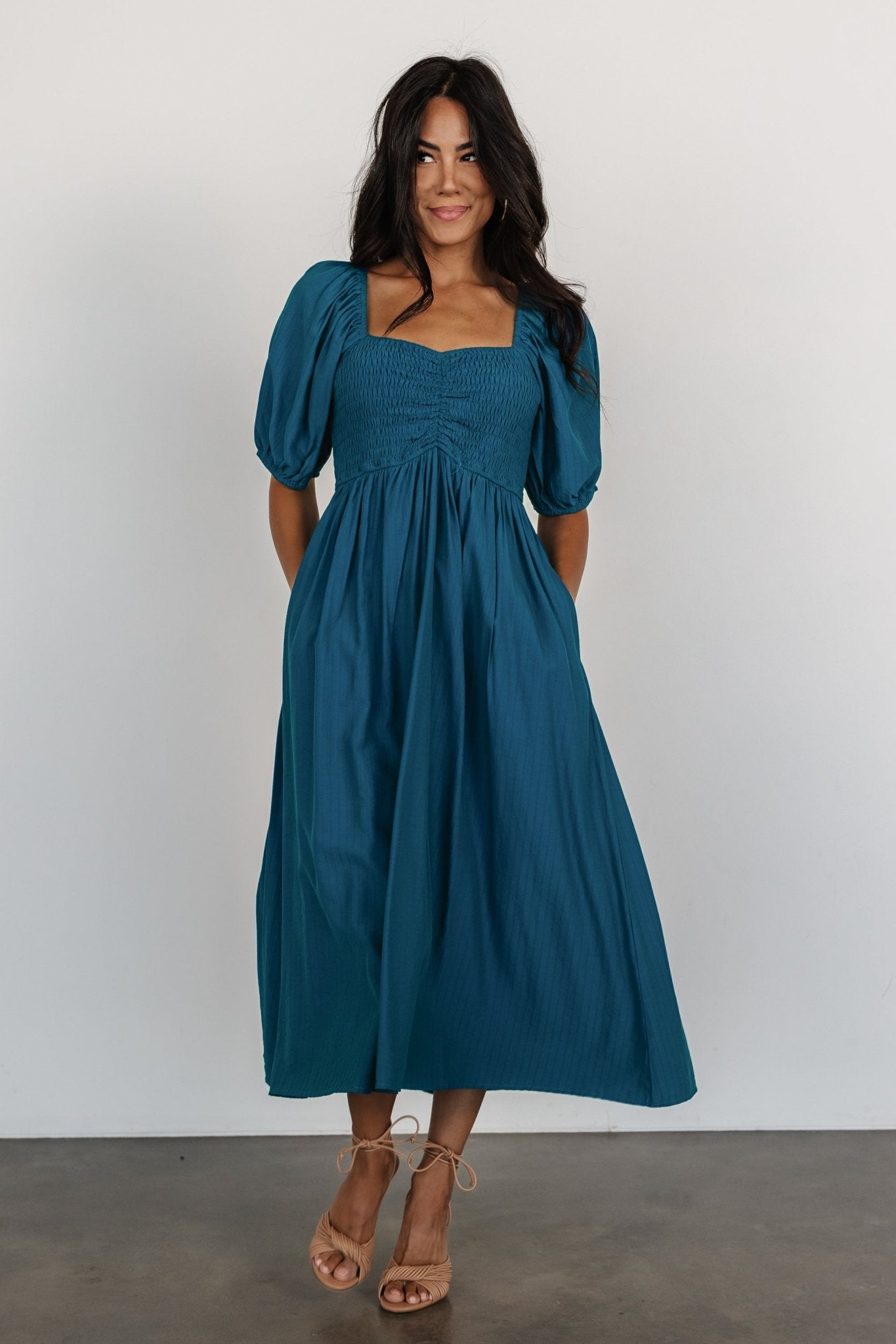 Blue Chiffon Midi Dress with Pockets & Sweetheart Neckline | Stefania