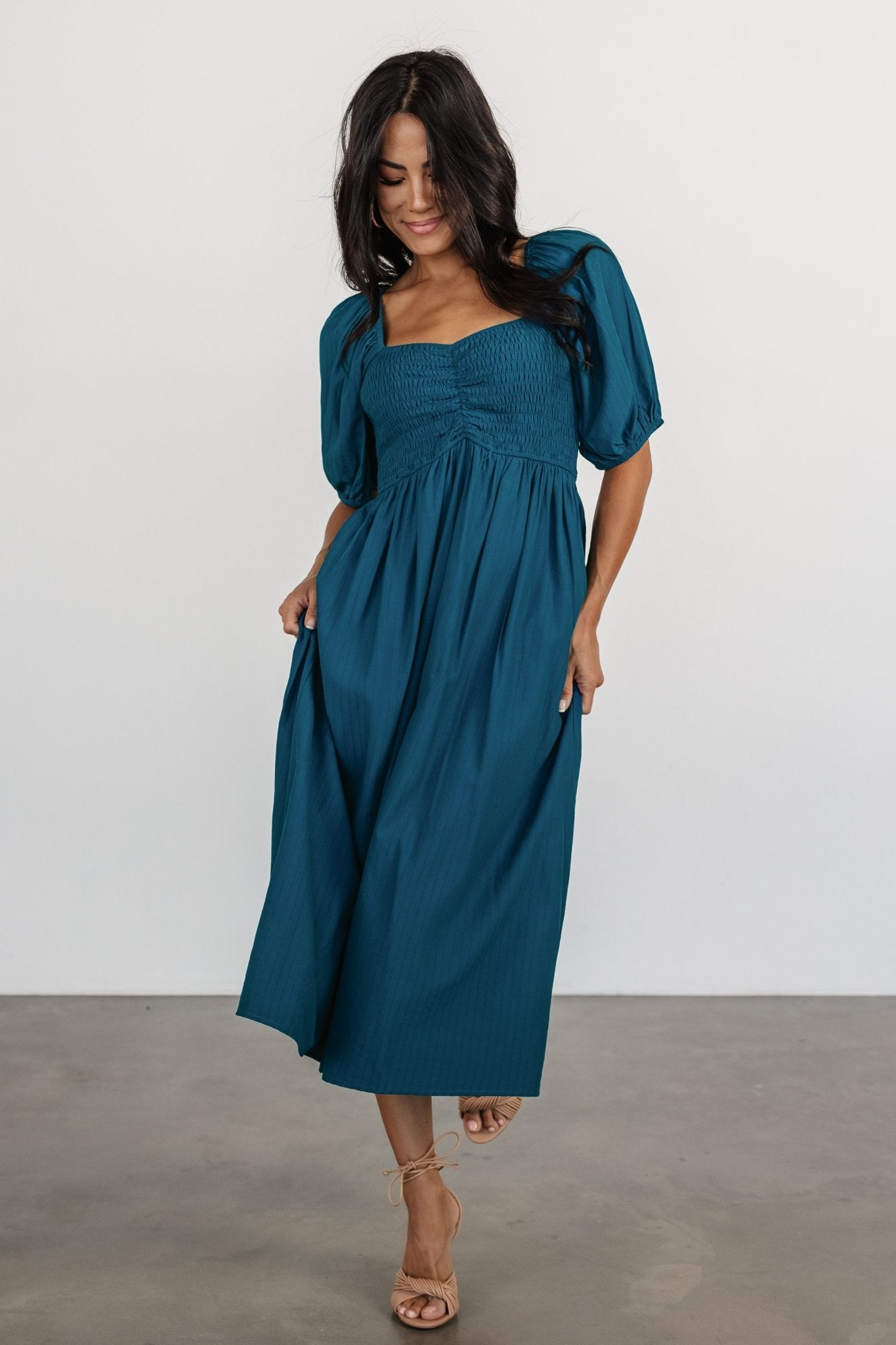 Blue Chiffon Midi Dress with Pockets & Sweetheart Neckline | Stefania