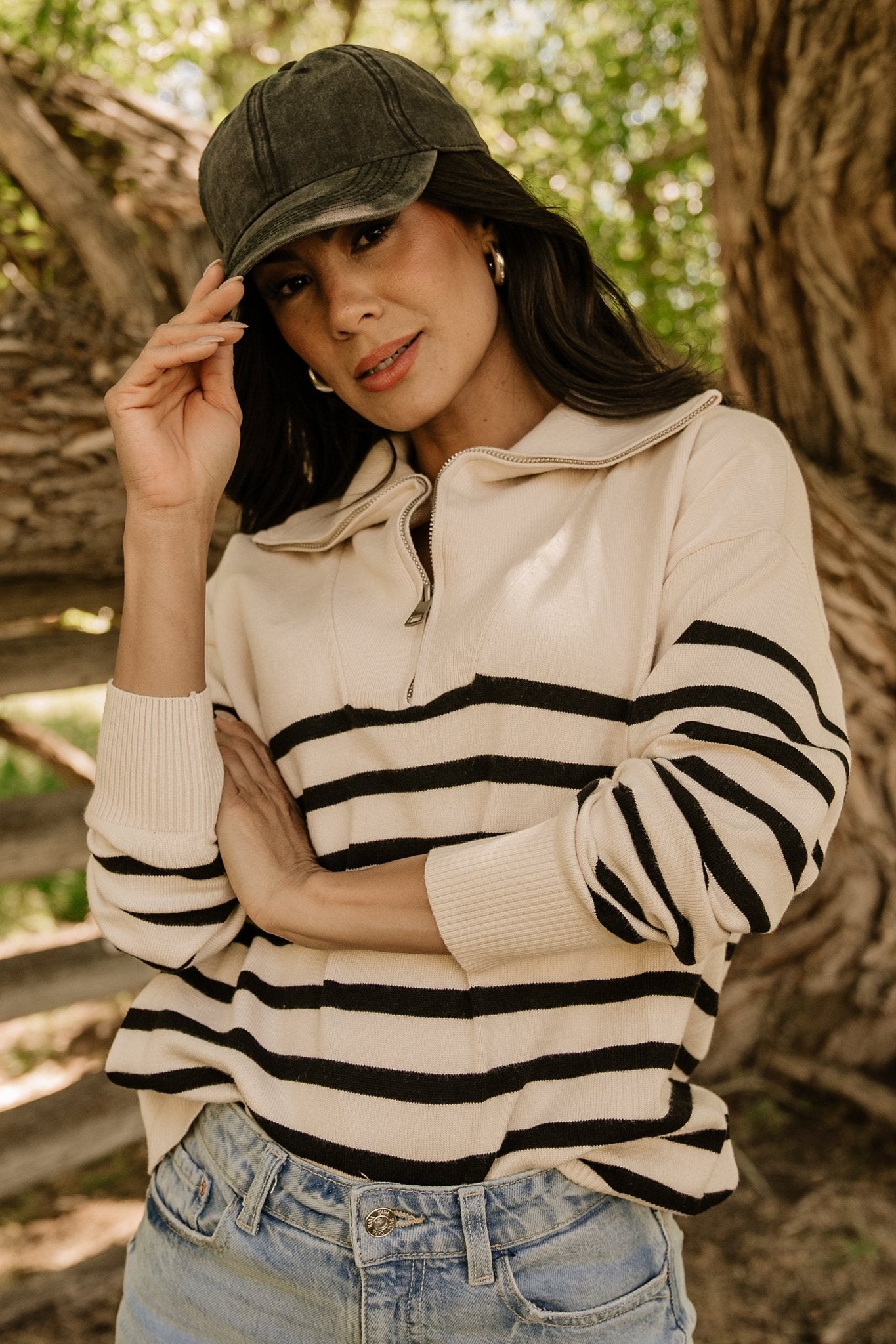 Lightweight Half Zip Sweater for Women | Beige & Black Stripes | Baltic Born