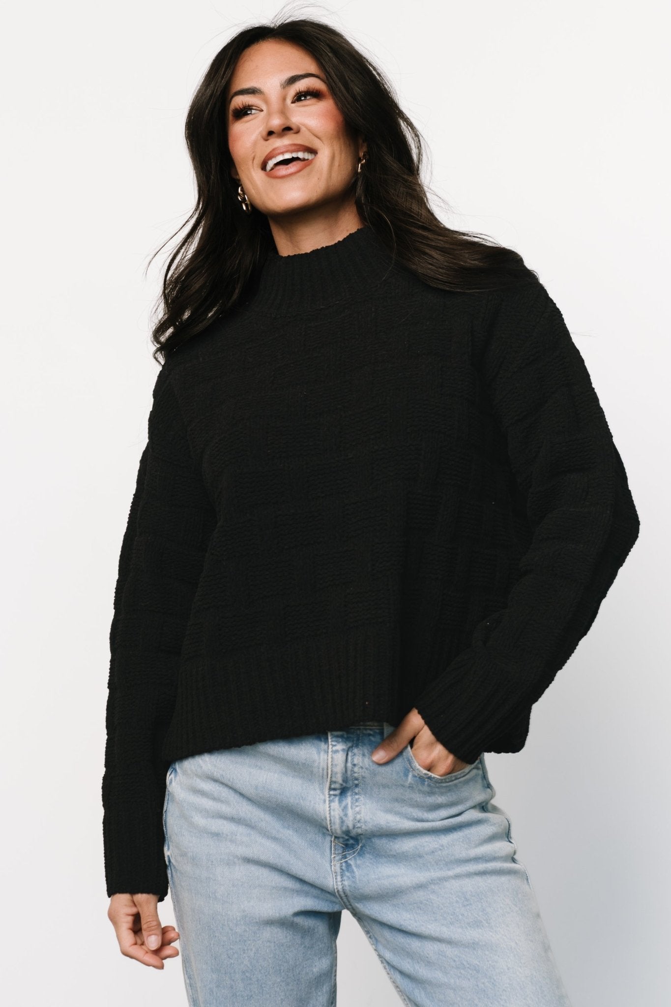 Black Knit Sweater with Mock Neck & Drop Shoulders | Stetson