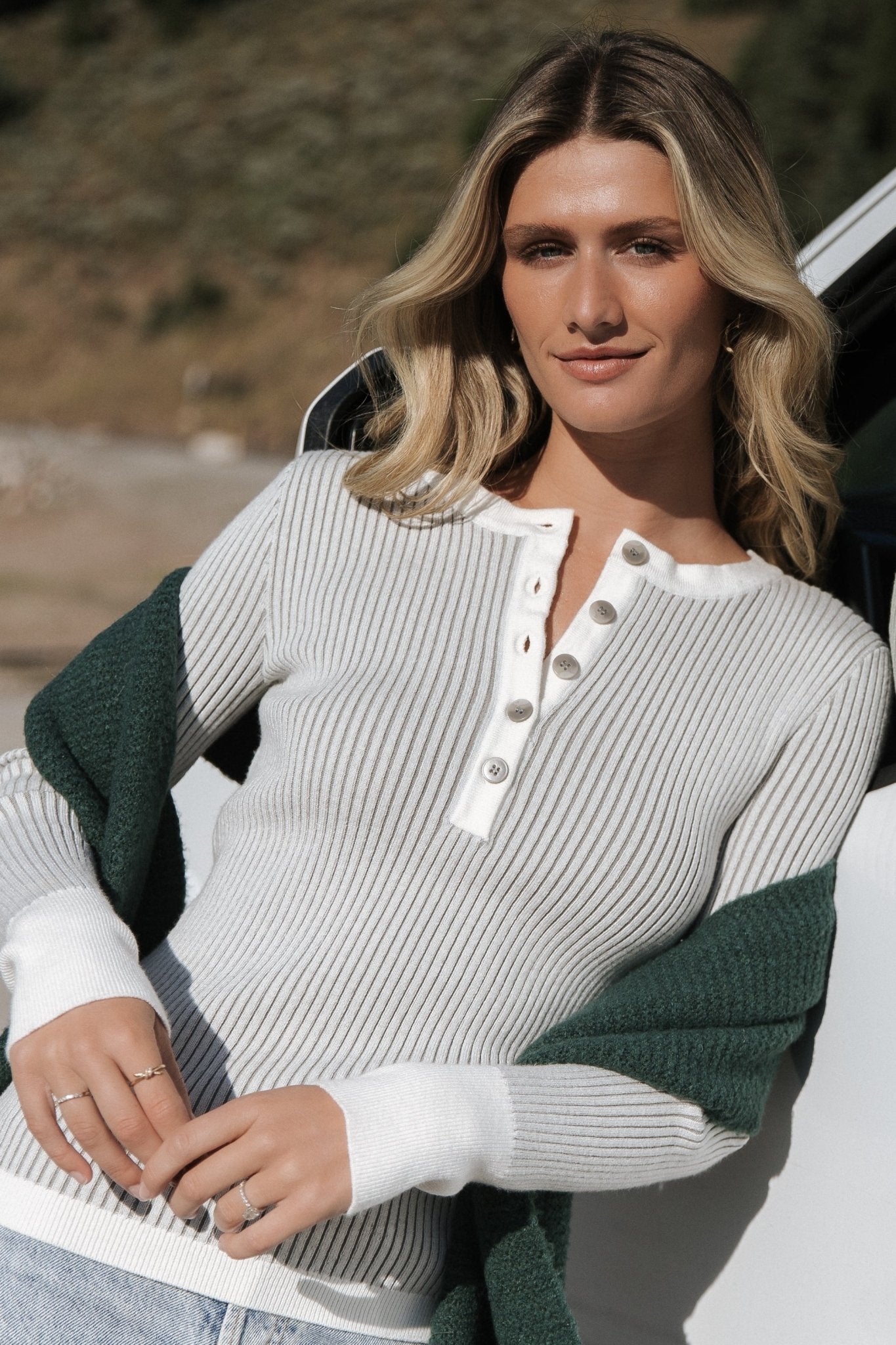 Ribbed Henley Sweater with Contrast Cuffs | Stevie Gray