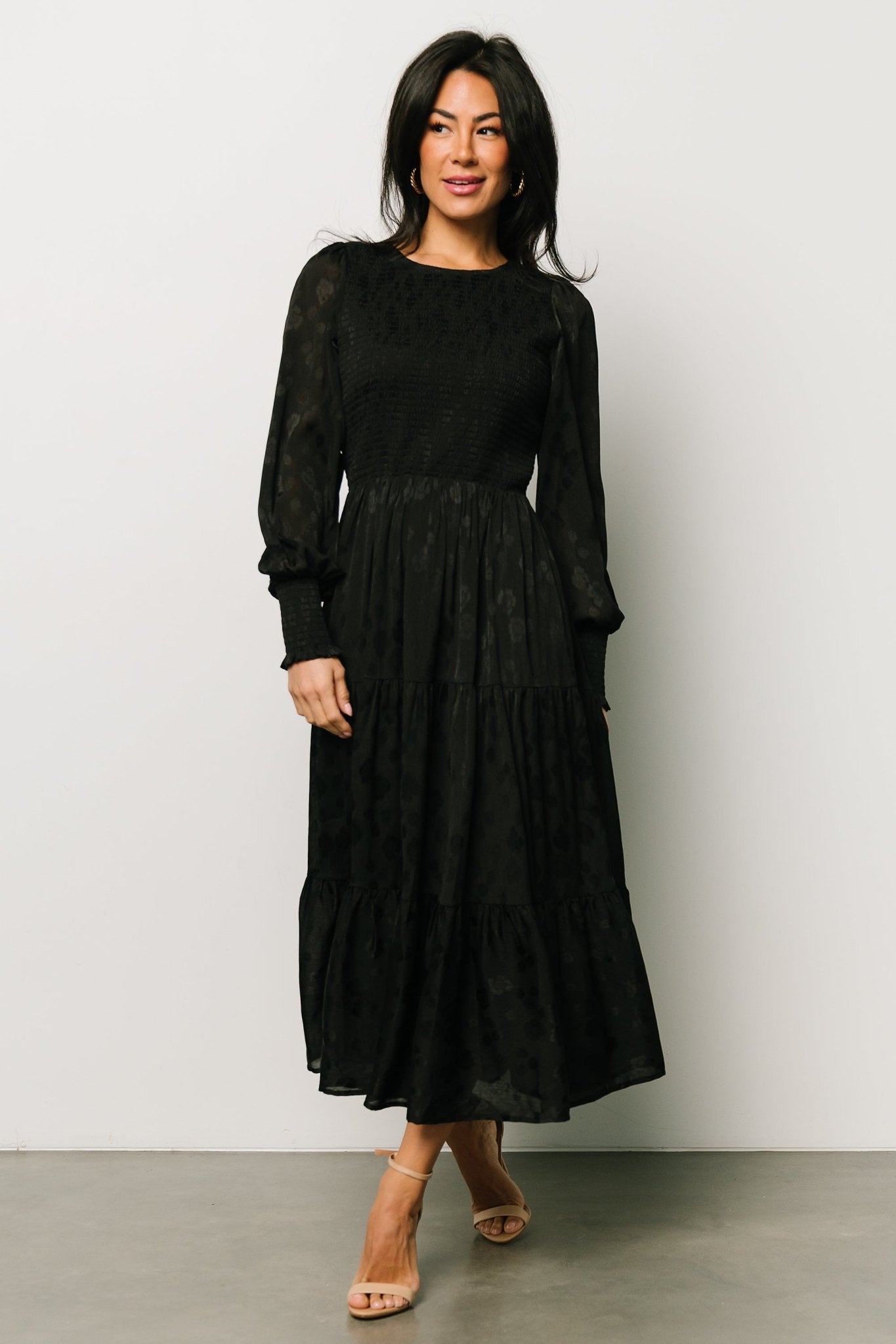 Black Smocked Midi Dress with Long Sleeves | Baltic Born