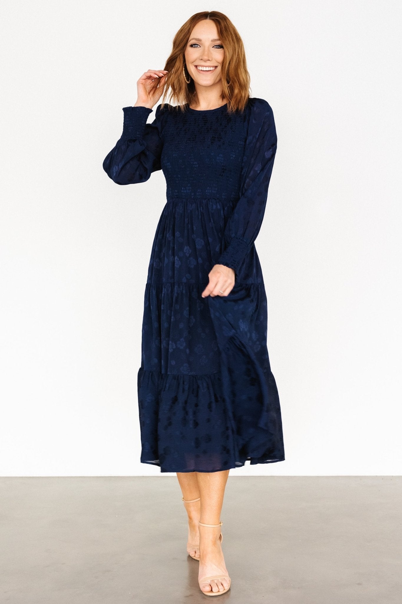 Midnight Blue Smocked Midi Dress with Long Sleeves | Baltic Born