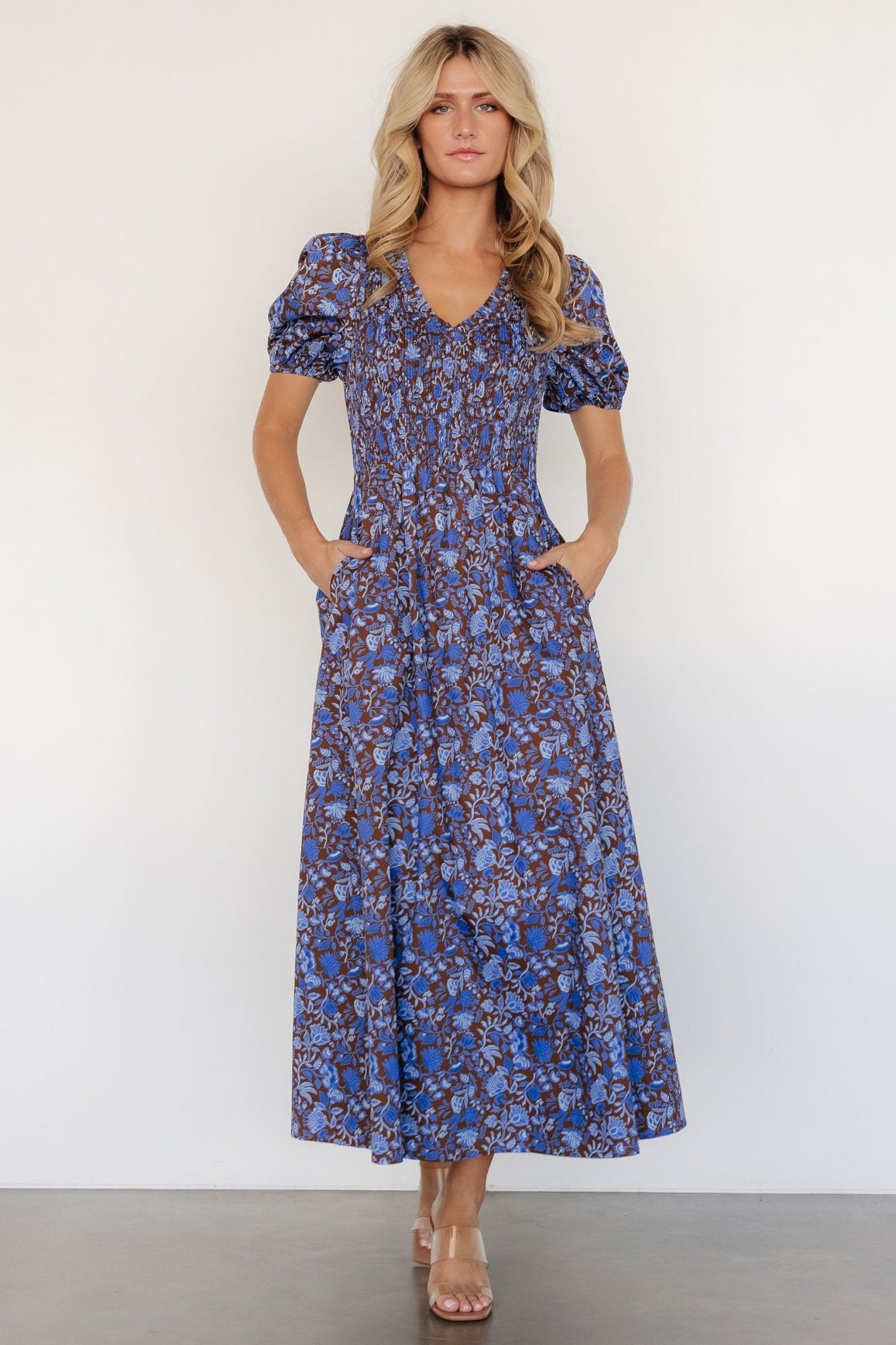 Floral Smocked Maxi Dress with Puff Sleeves & Pockets | Stockton