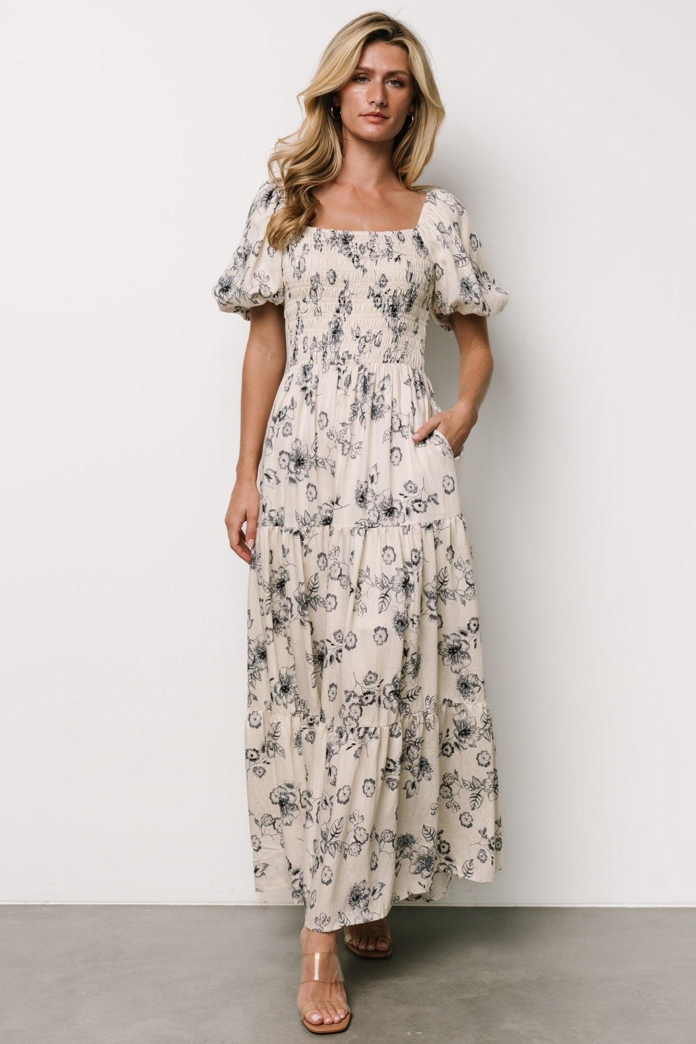 Smocked Maxi Dress with Puff Sleeves & Side Pockets | Baltic Born