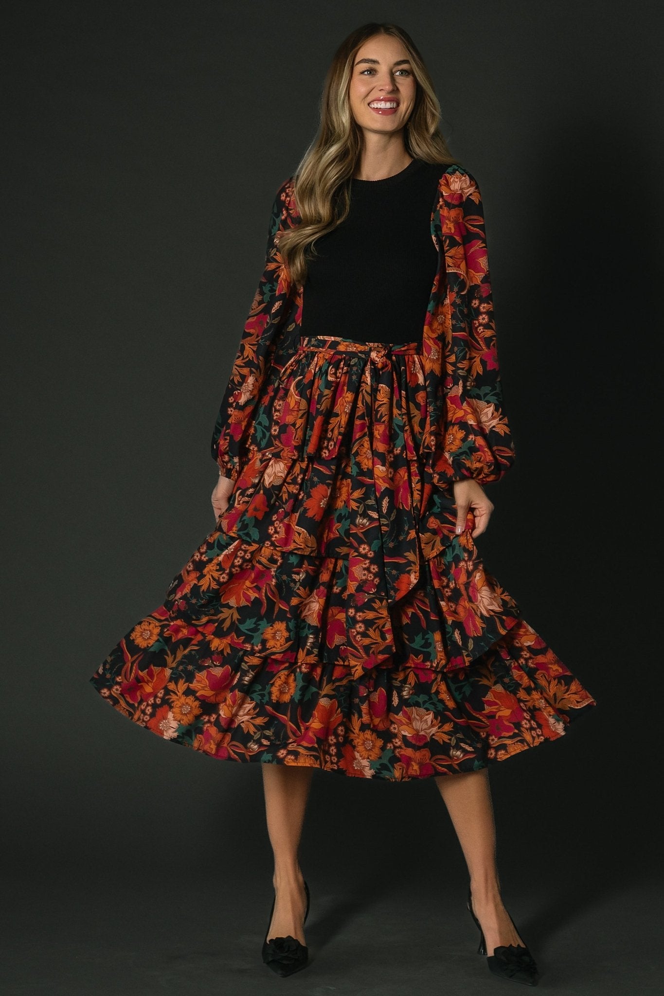 Floral Tiered Midi Dress with Chiffon Sleeves | Baltic Born