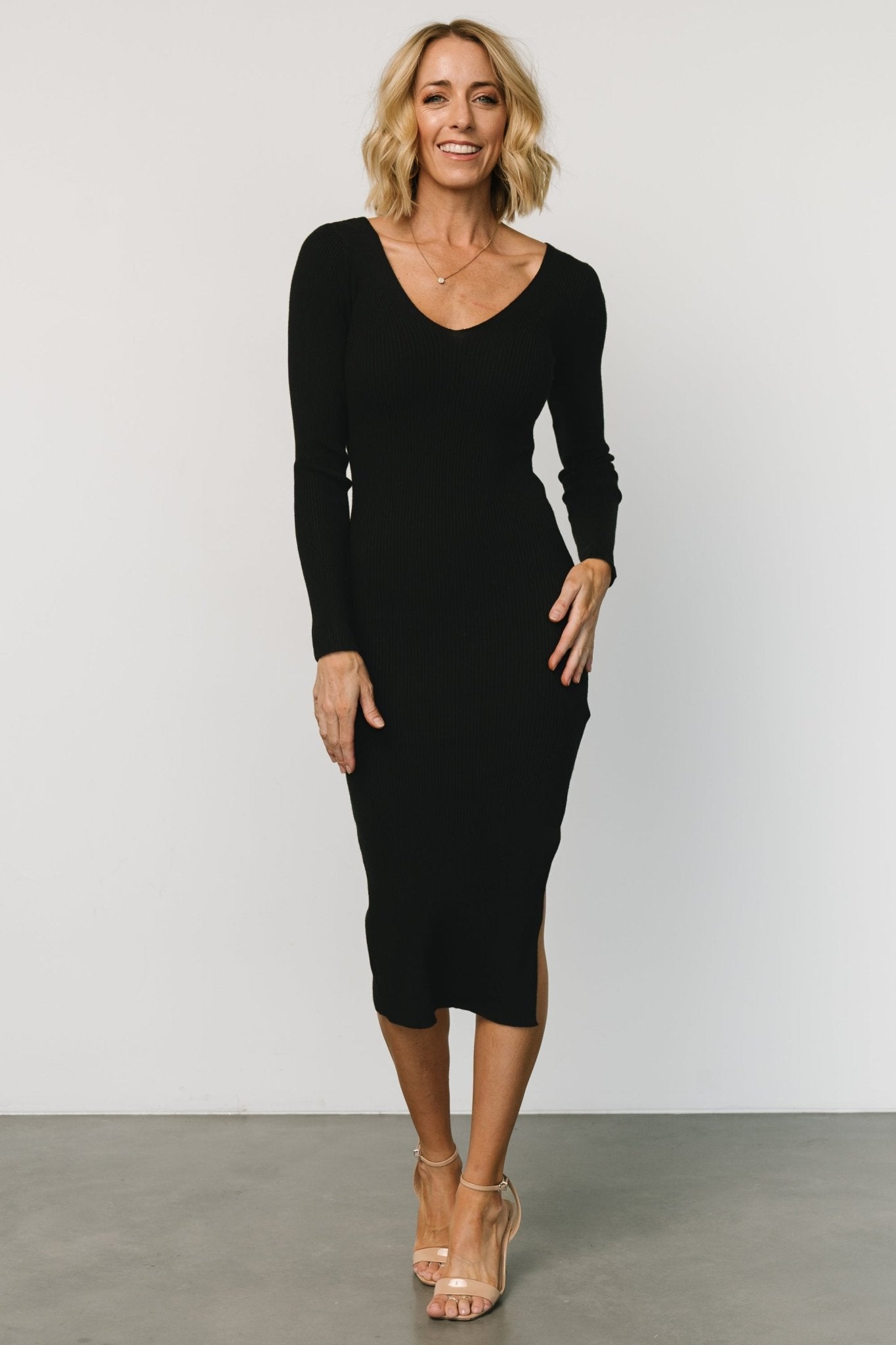 Black Rib Knit Midi Dress with V-Neck & Bodycon Fit | Tacey