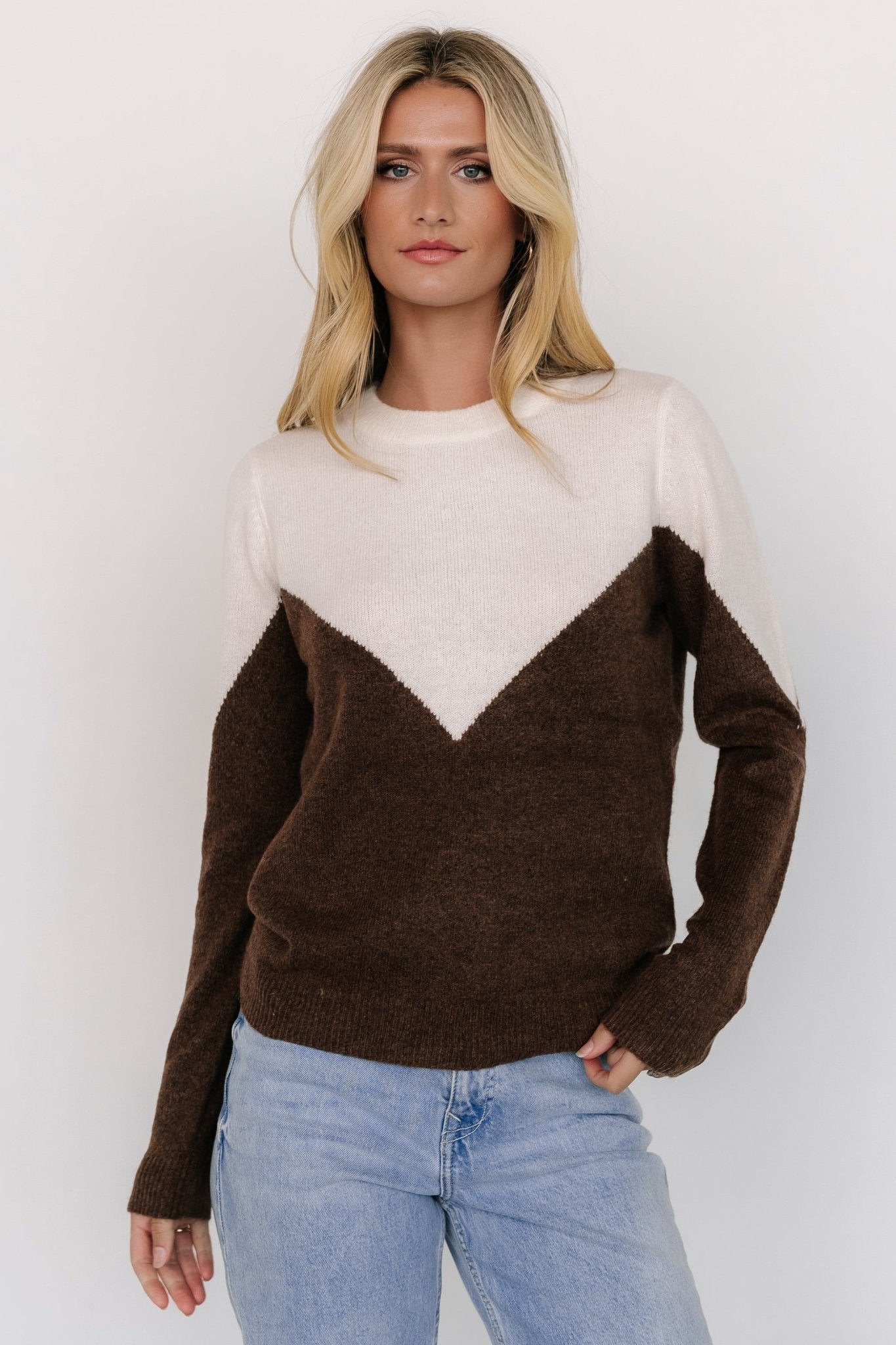 Heathered Color Block Sweater | Ivory & Brown | Lightweight & Ribbed