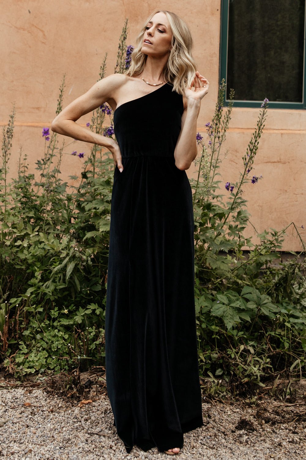 One Shoulder Velvet Maxi Dress with Slit | Tatiana Black