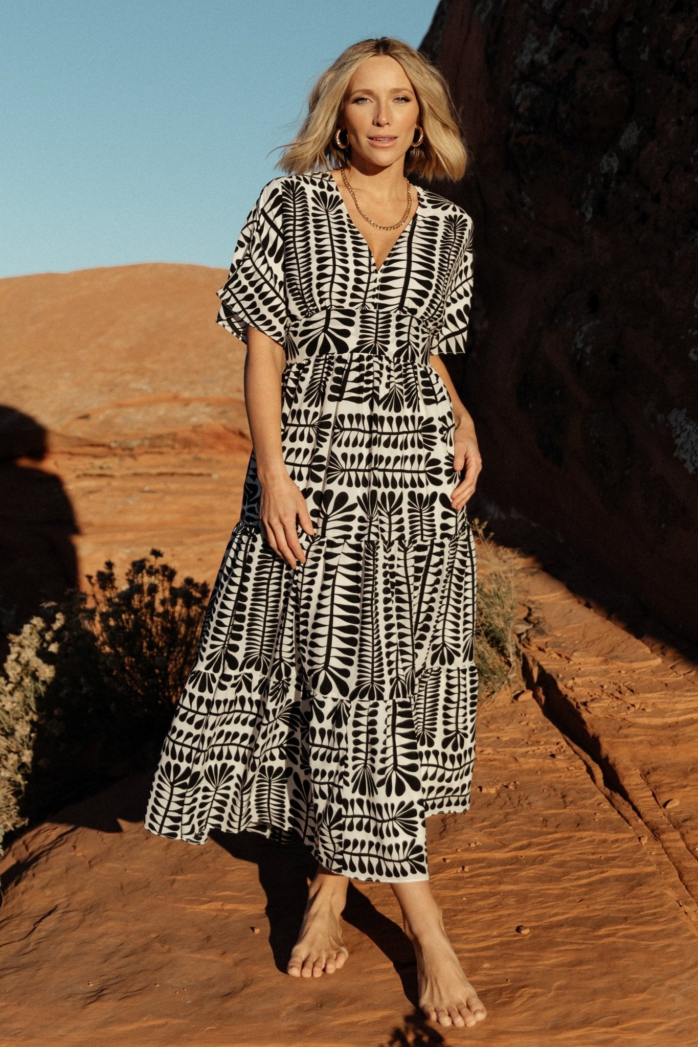 Black Print Kimono Dress with Smocked Waist | Baltic Born
