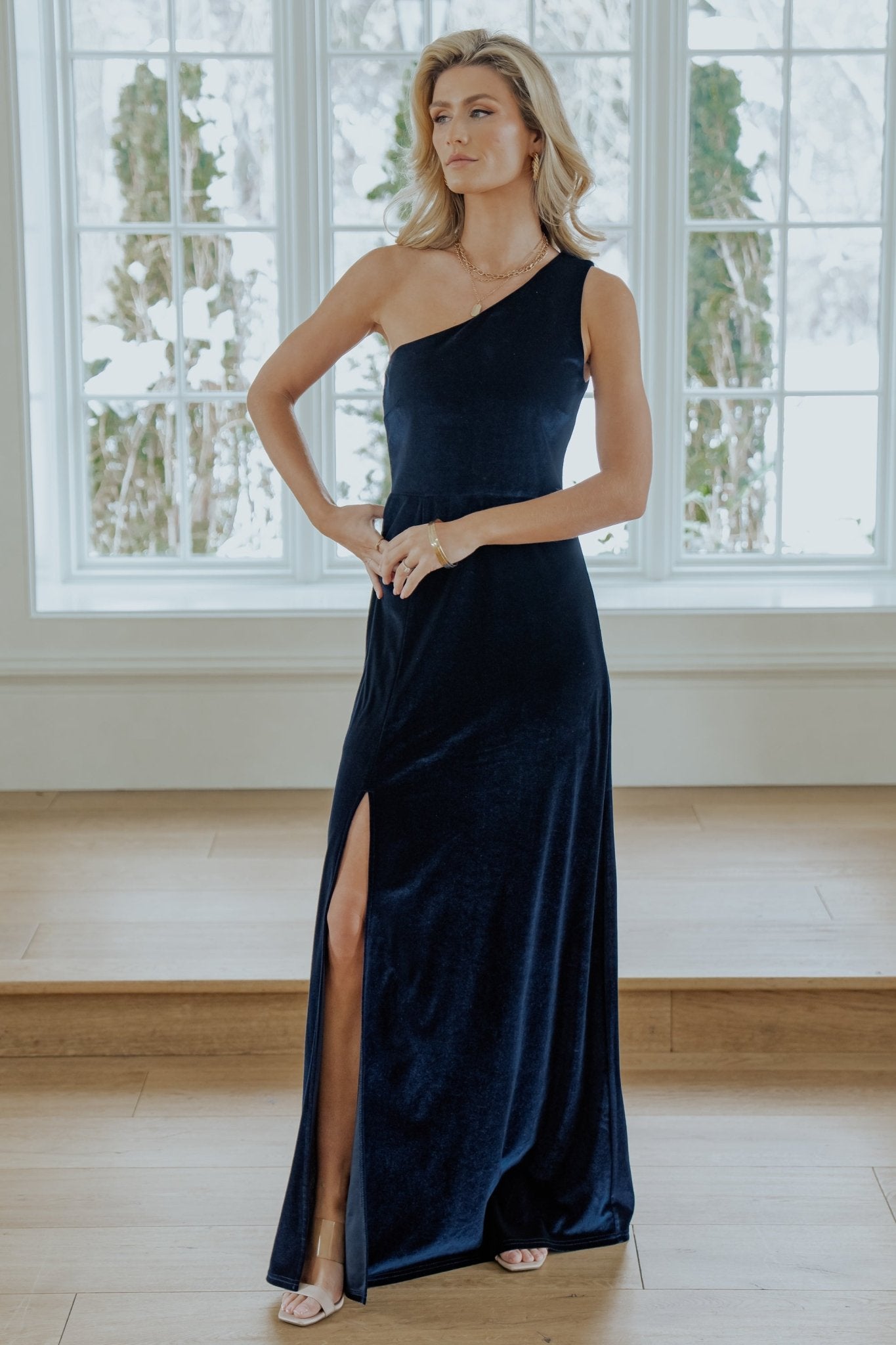 Velvet One Shoulder Maxi Dress with Slit | Baltic Born Navy