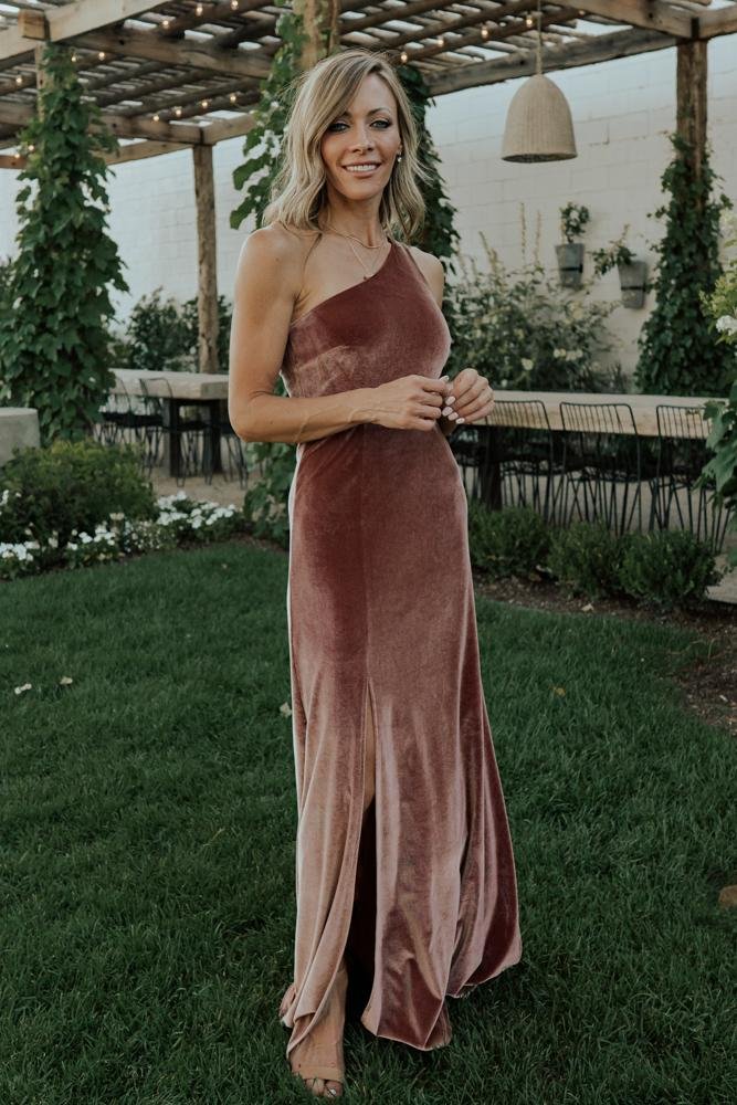 Velvet One Shoulder Maxi Dress with Slit | Rose & Lined