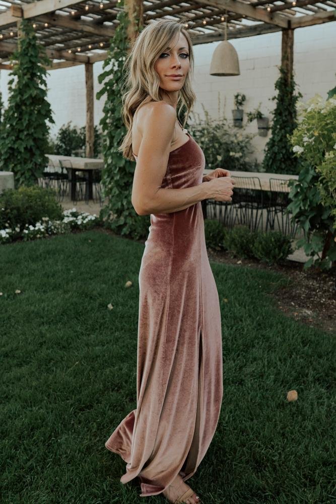 Velvet One Shoulder Maxi Dress with Slit | Rose & Lined