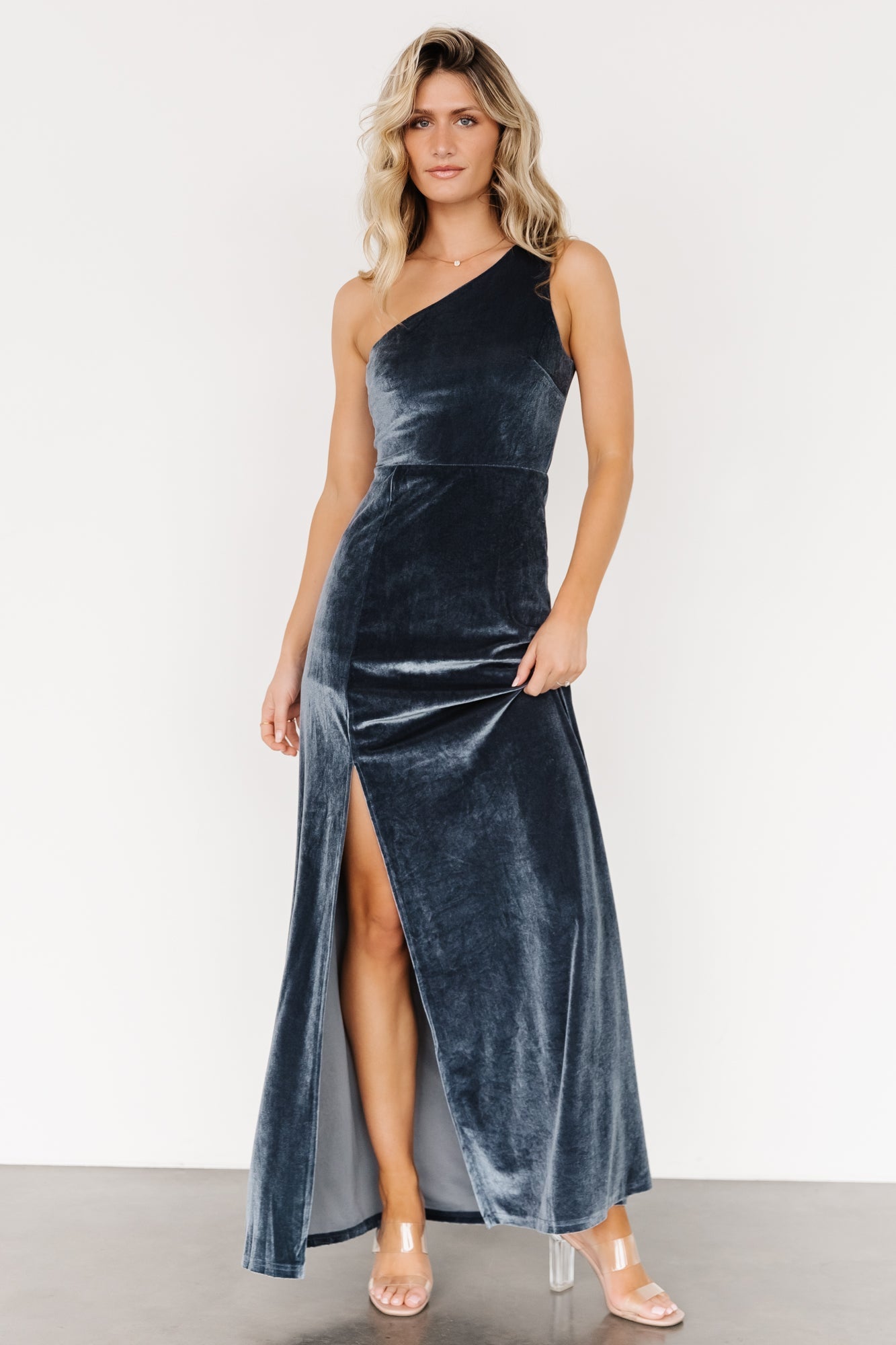 Velvet One Shoulder Maxi Dress with Slit | Slate Blue | Baltic Born