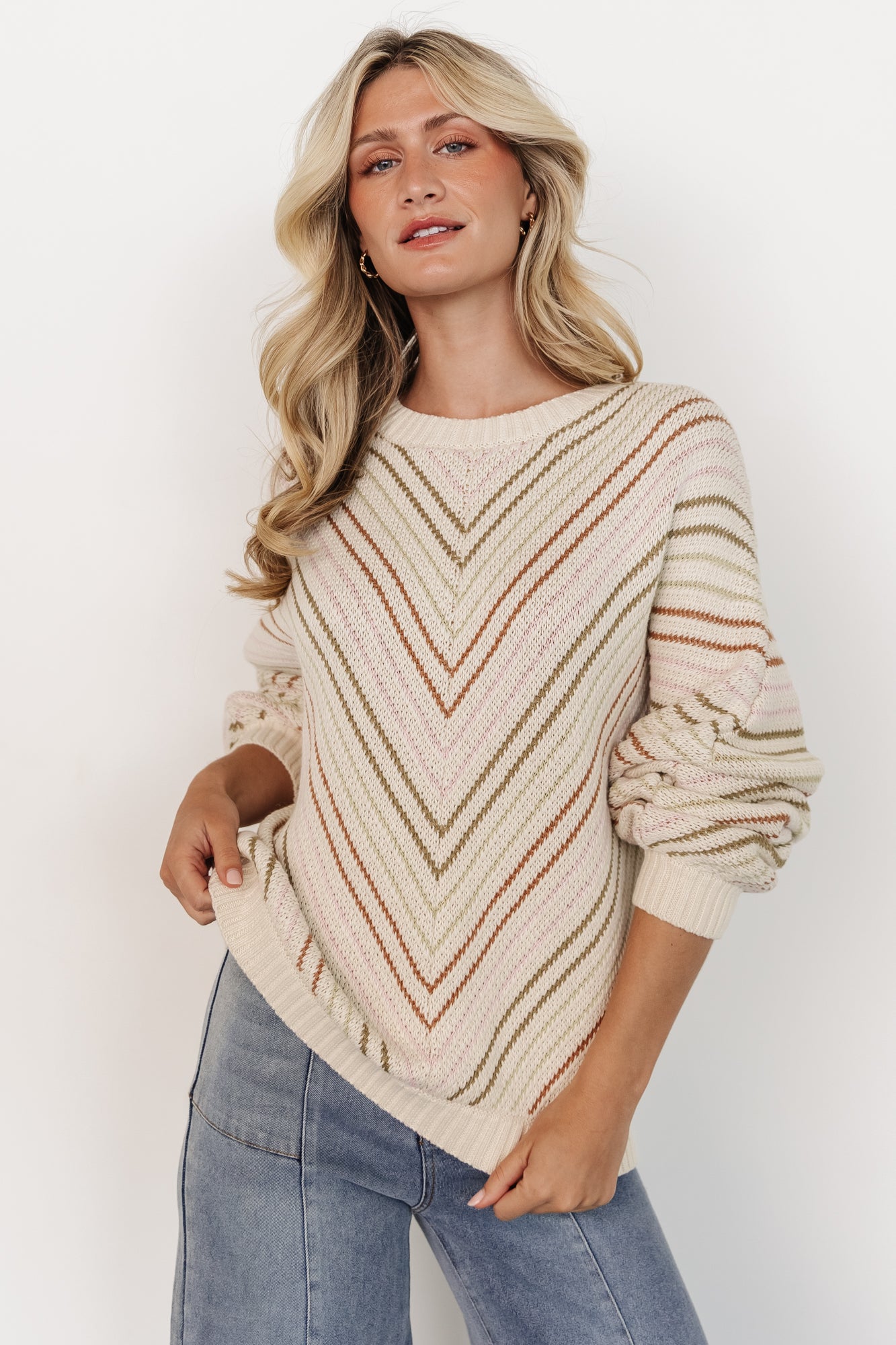 Cozy Ivory Striped Sweater with Drop Shoulder Sleeves | Tava
