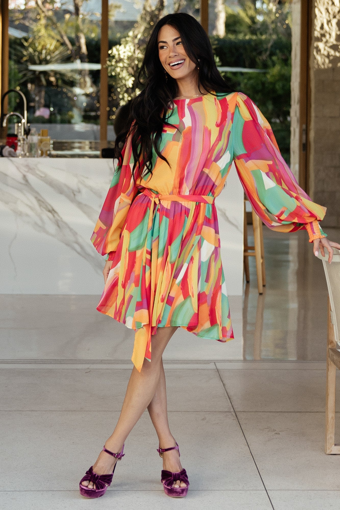 Chiffon Short Dress with Keyhole Back & Balloon Sleeves | Tavana