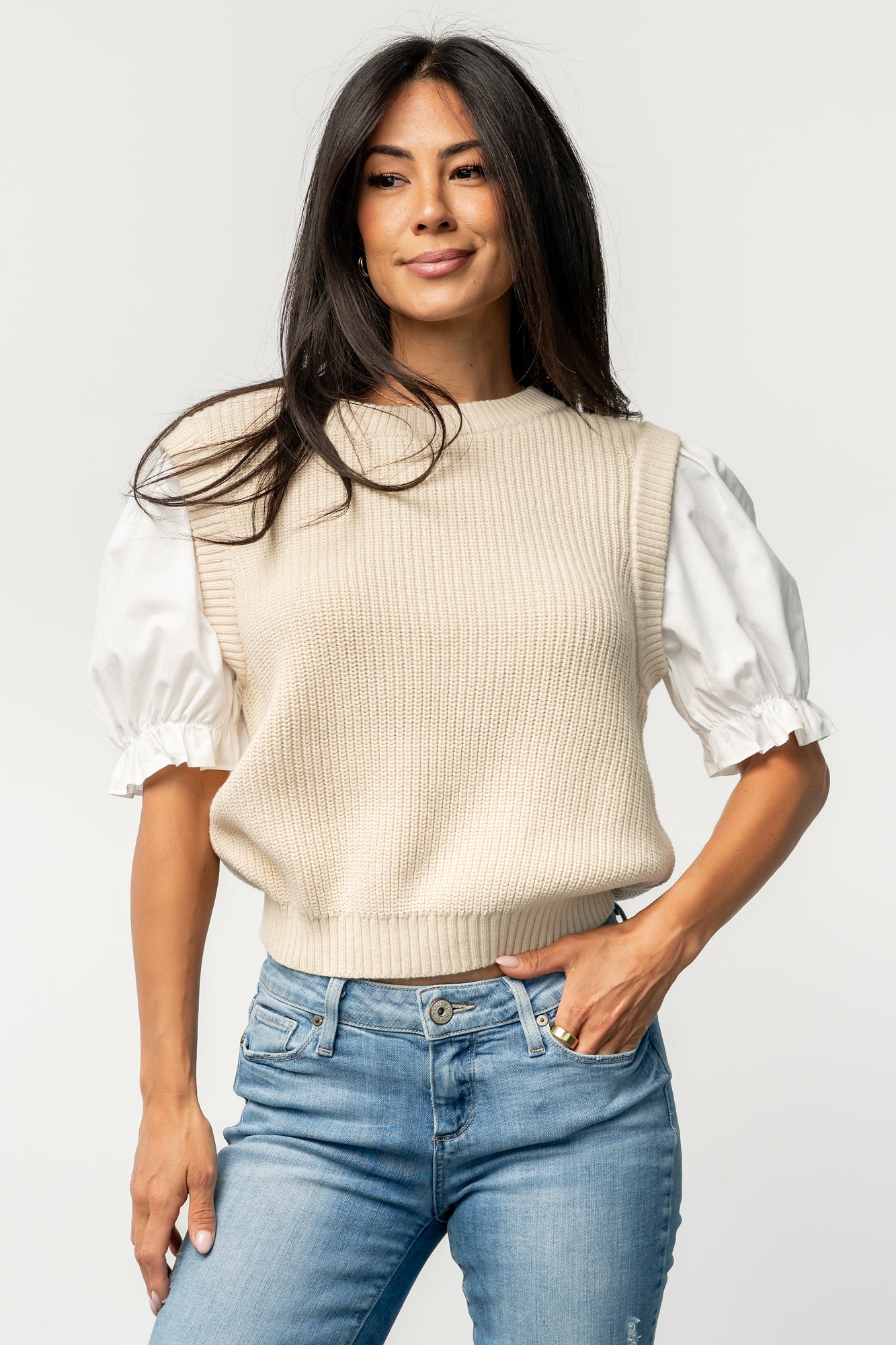 Cream & Ivory Puff Sleeve Sweater Top for Office & Casual Wear | Baltic Born