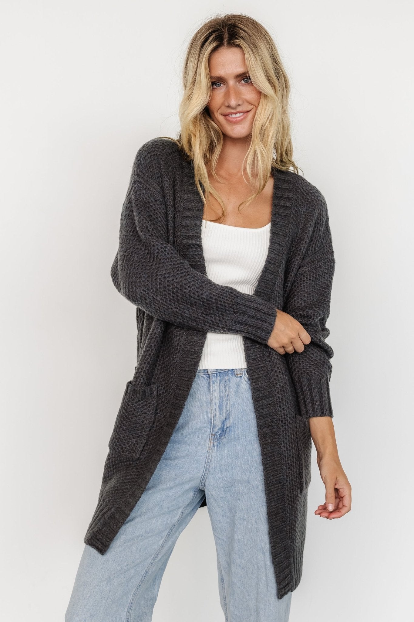 Chunky Knit Cardigan with Pockets & Ribbed Cuffs | Theodora Charcoal