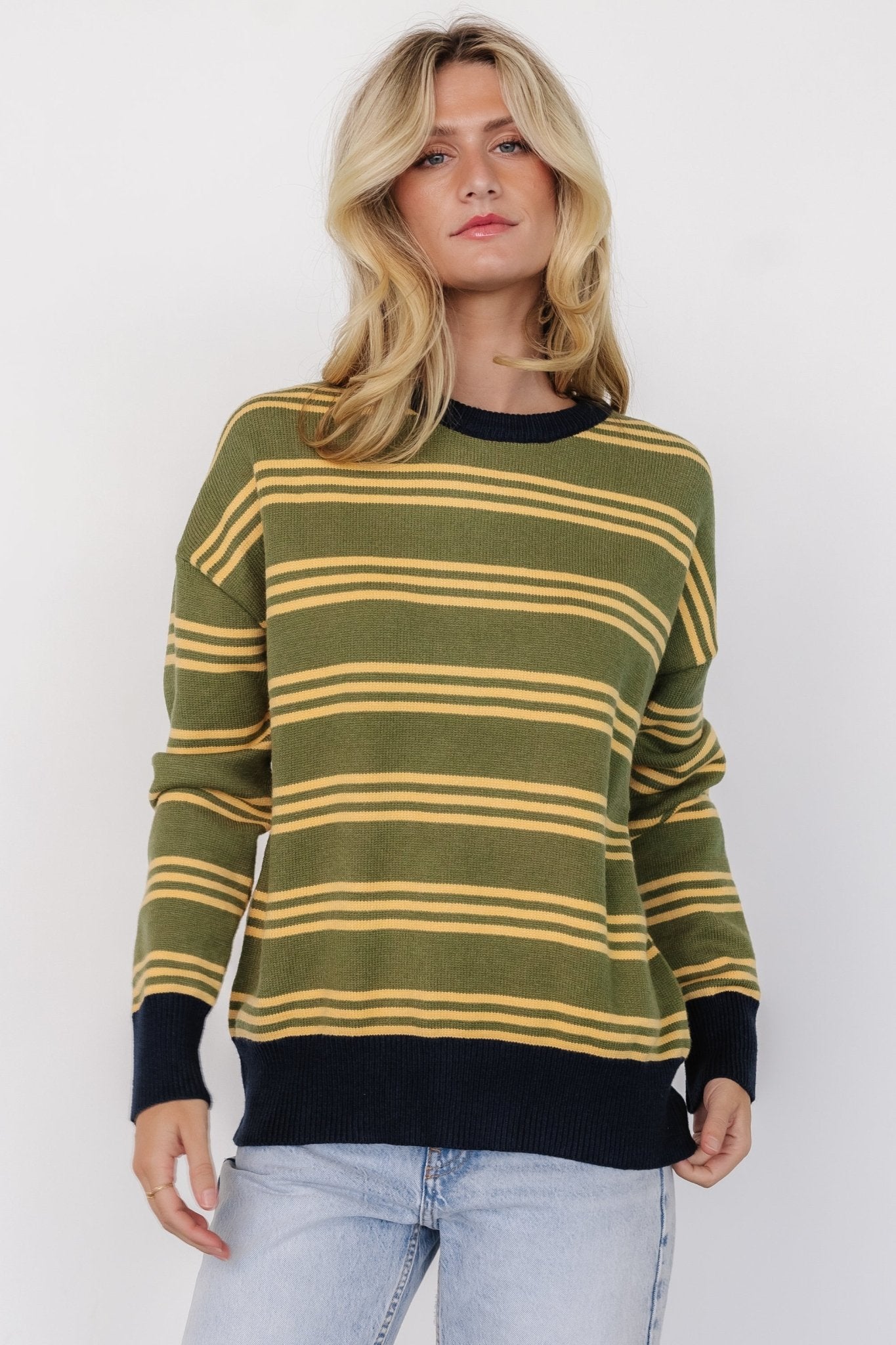 Olive Striped Knit Sweater with Ribbed Neckline | Thomas