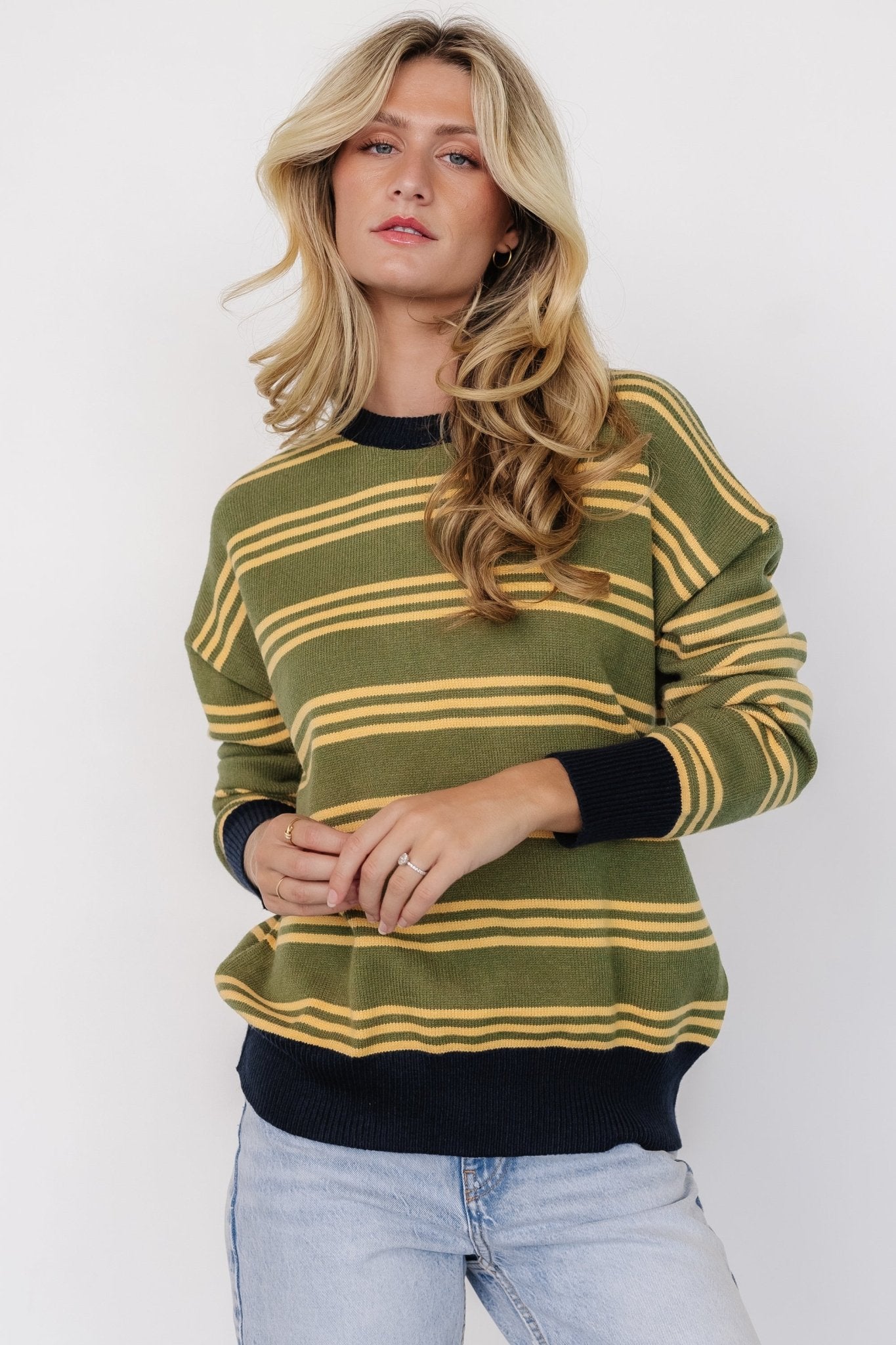 Olive Striped Knit Sweater with Ribbed Neckline | Thomas - Baltic Born