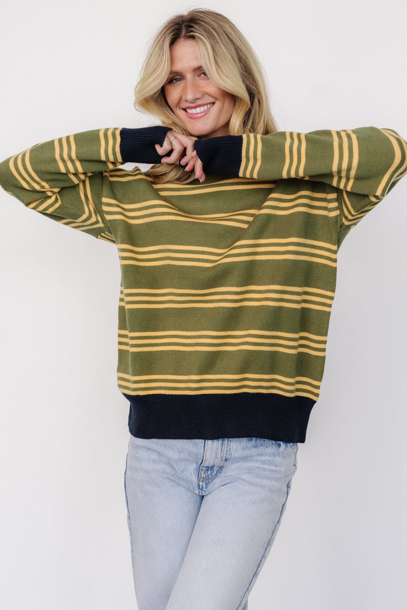 Olive Striped Knit Sweater with Ribbed Neckline | Thomas - Baltic Born