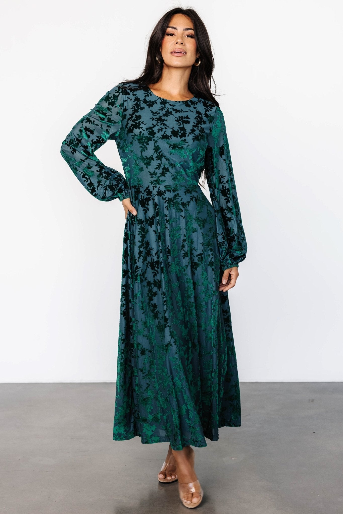 Emerald Floral Velvet Dress for Special Occasions | Thora