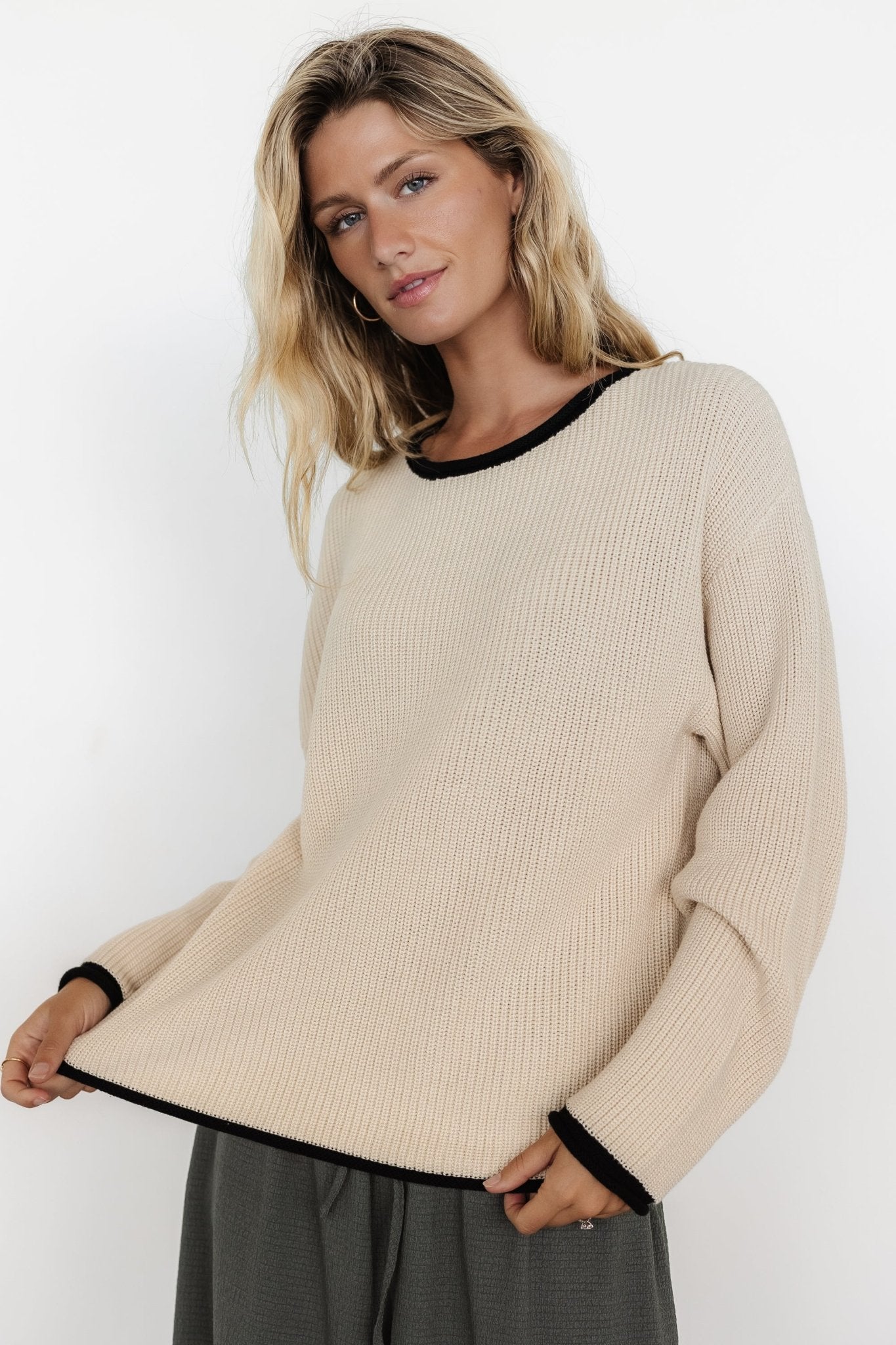 Cream & Black Knit Sweater with Rolled Edges | Baltic Born
