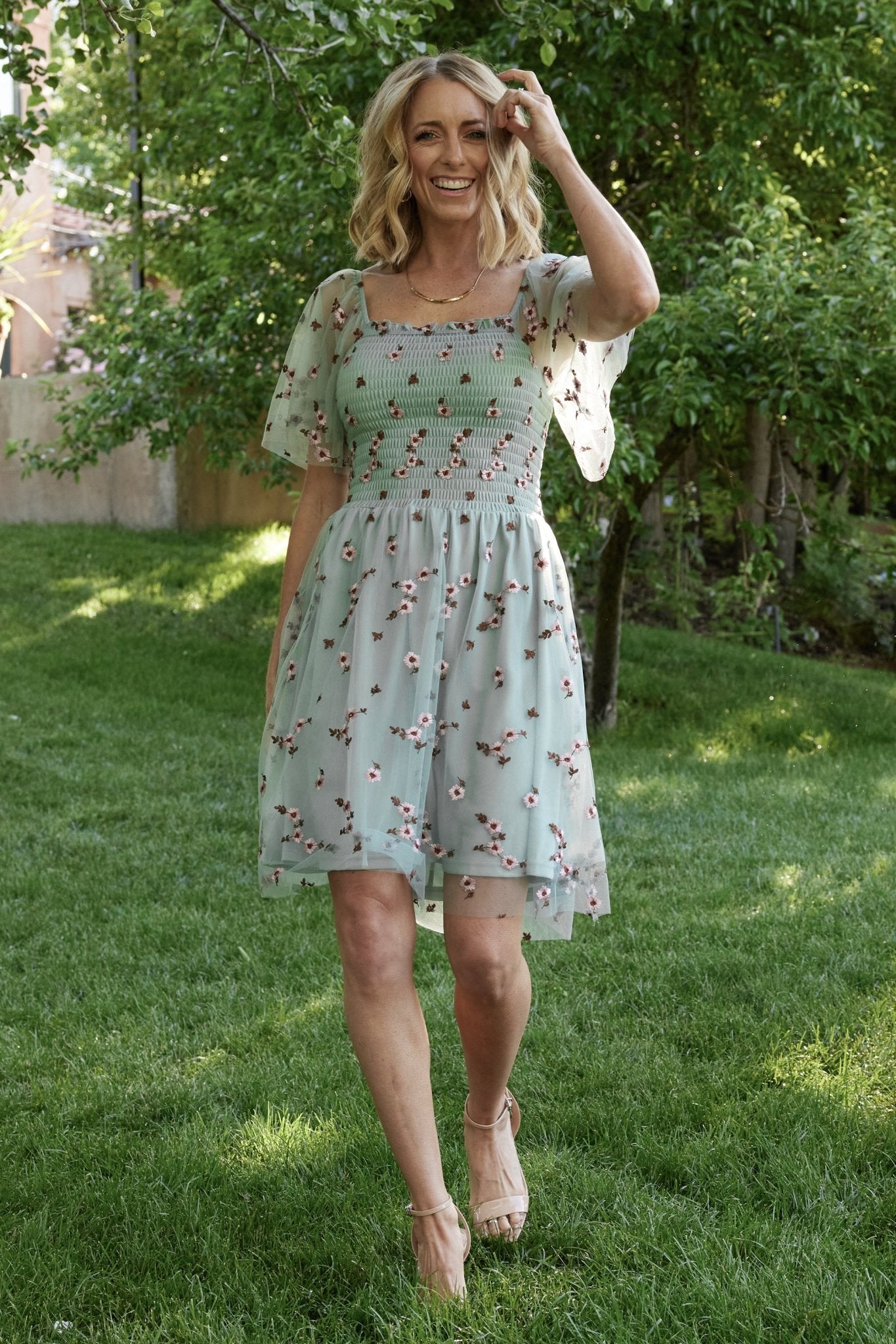 Floral Tulle Short Dress with Smocked Bodice | Tivoli Sage + Pink
