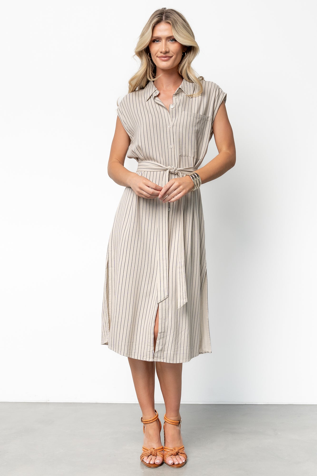 Beige Stripe Button Up Midi Dress with Collar & Detachable Sash | Toledo