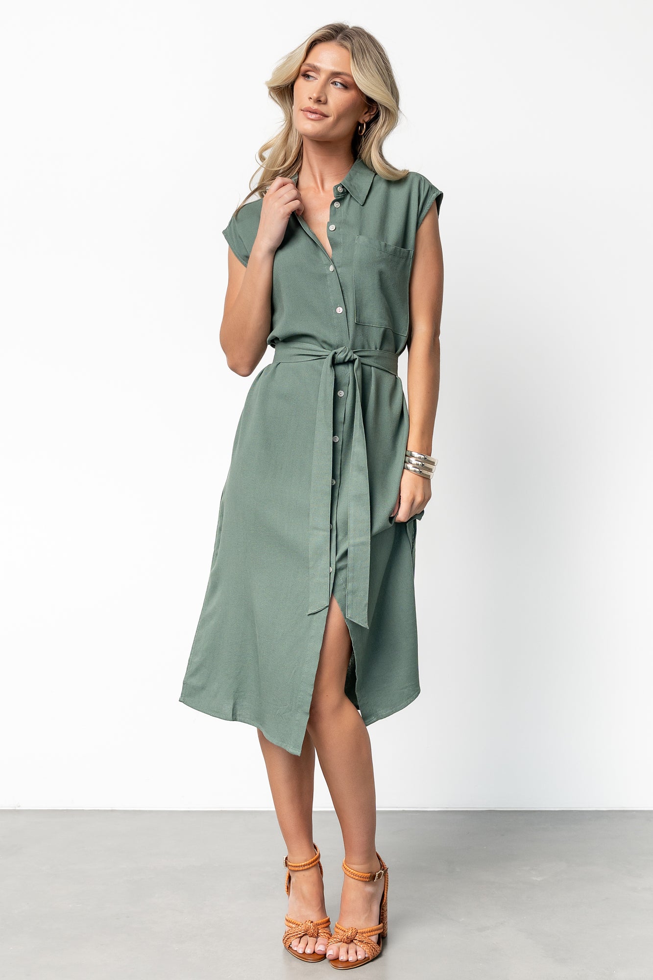 Linen-Blend Button Up Midi Dress with Detachable Sash | Toledo Green