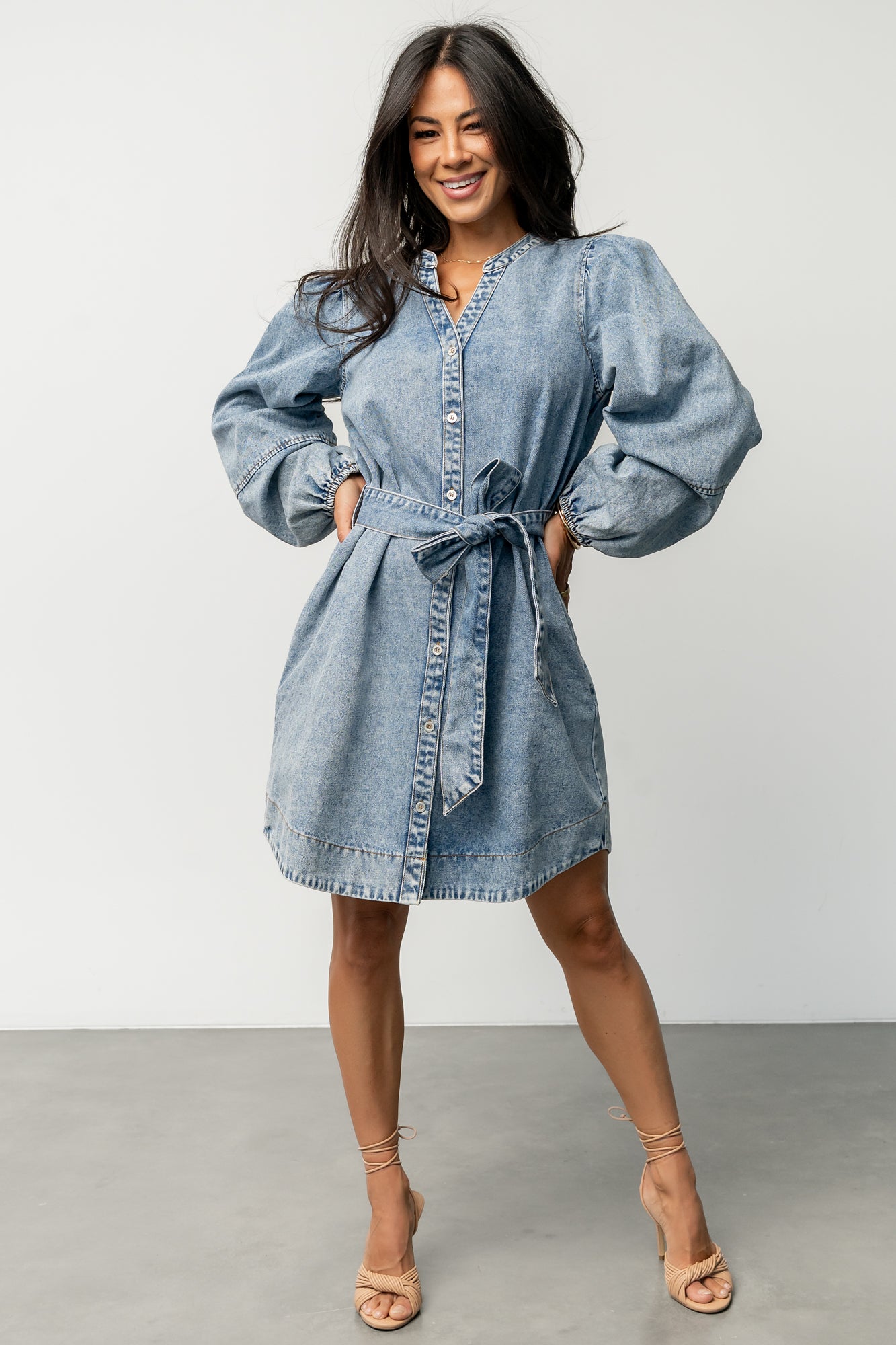 Light Wash Denim Dress with Adjustable Waist Tie | Tora