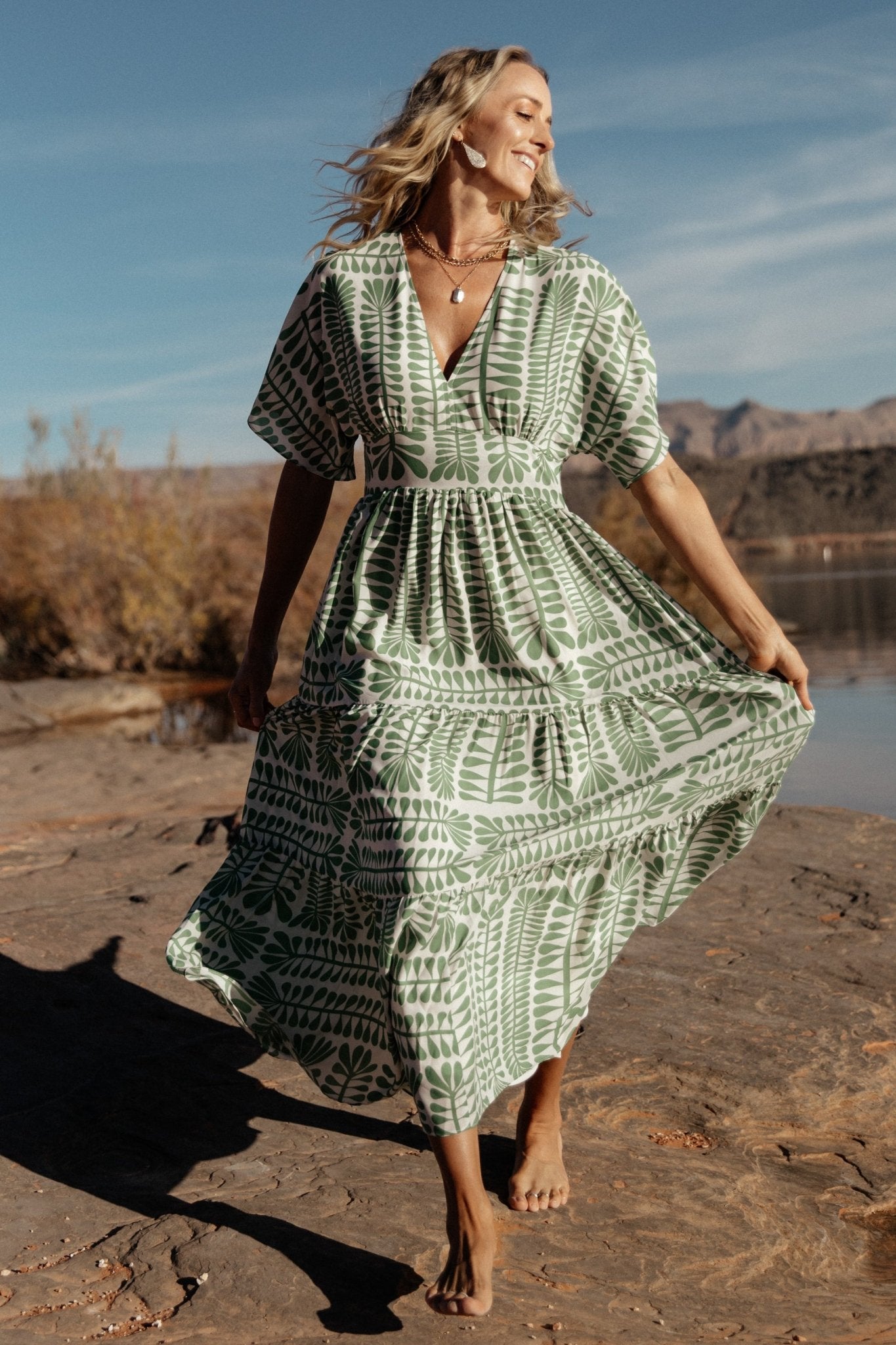 Green Print Kimono Dress with Smocked Waist & Tiered Midi Skirt | Baltic Born