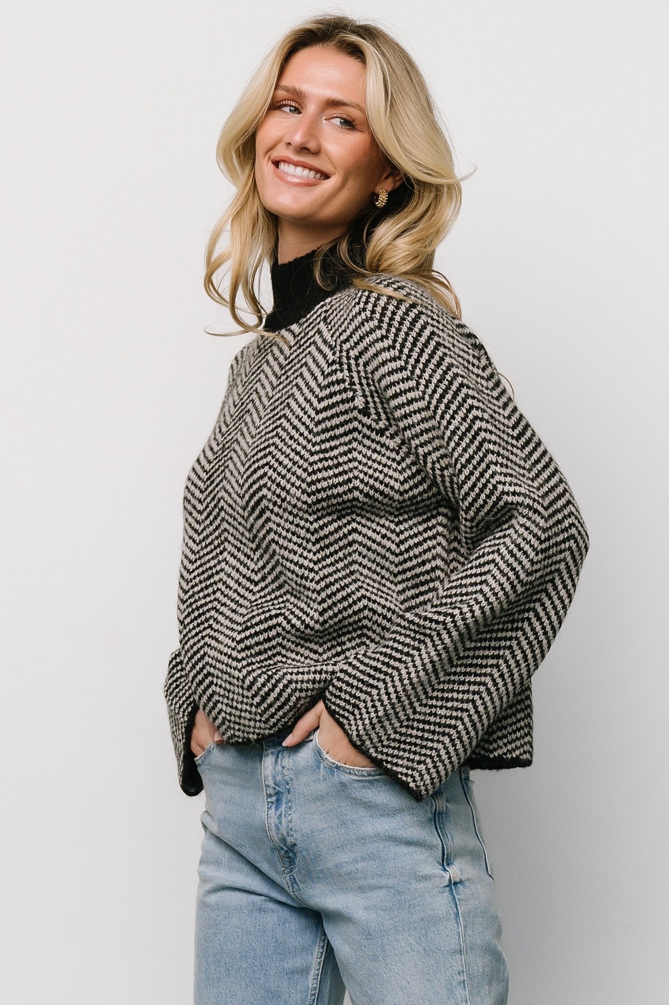 Black Stripe Knit Sweater with Ribbed Neck & Bell Sleeves | Trisha